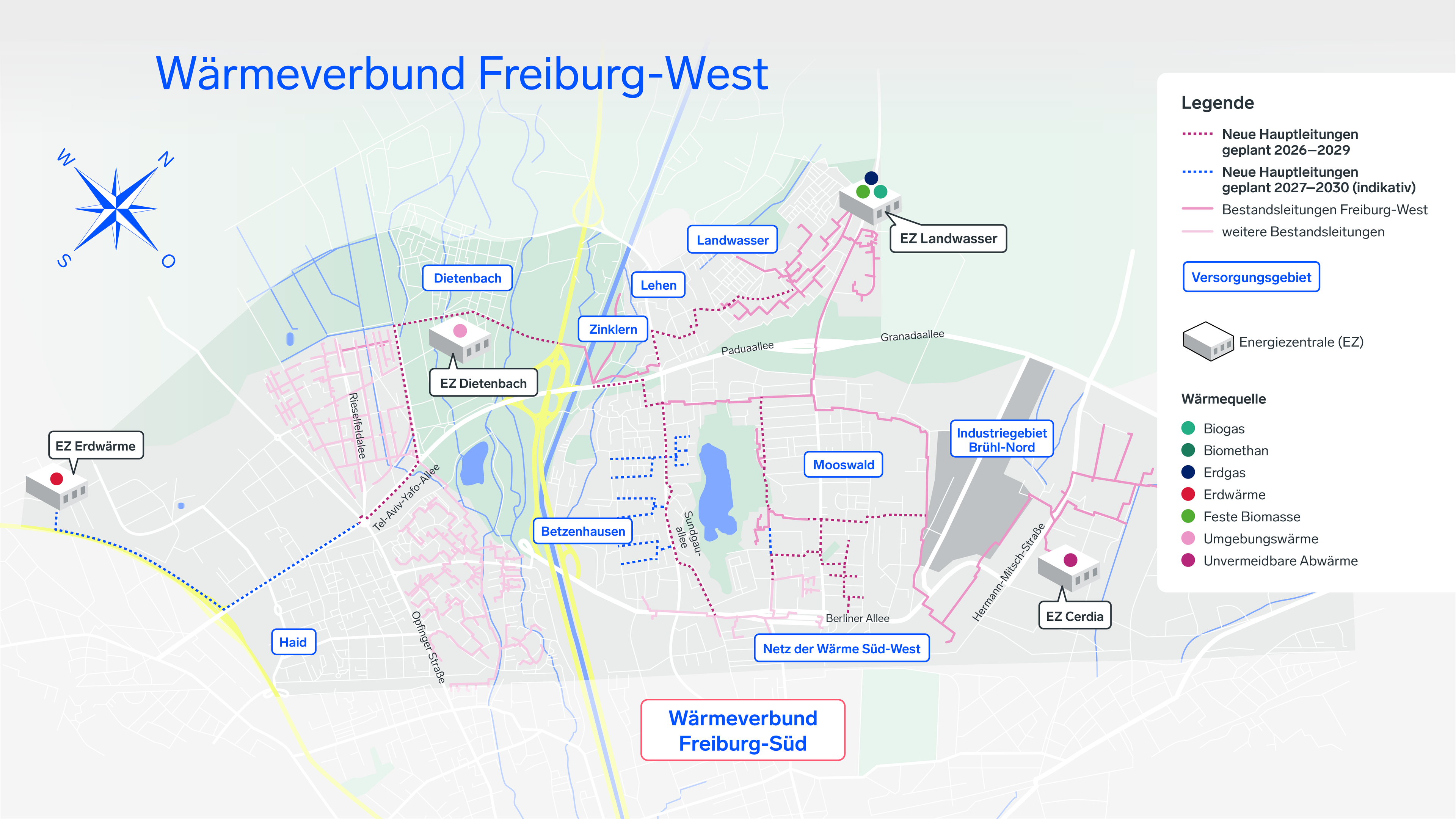 Karte des Wärmeverbunds Freiburg-West mit Abbildung der Bestands- und Ausbauleitungen