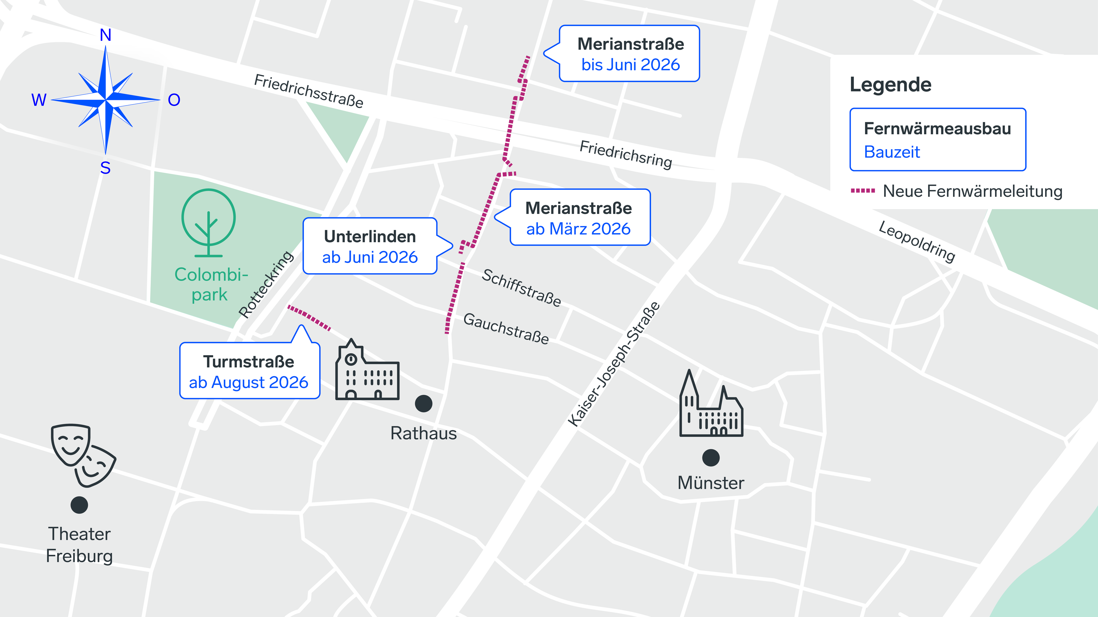 Baustellenabschnitte für den Ausbau von Fernwärmeleitungen in der Innenstadt Freiburg
