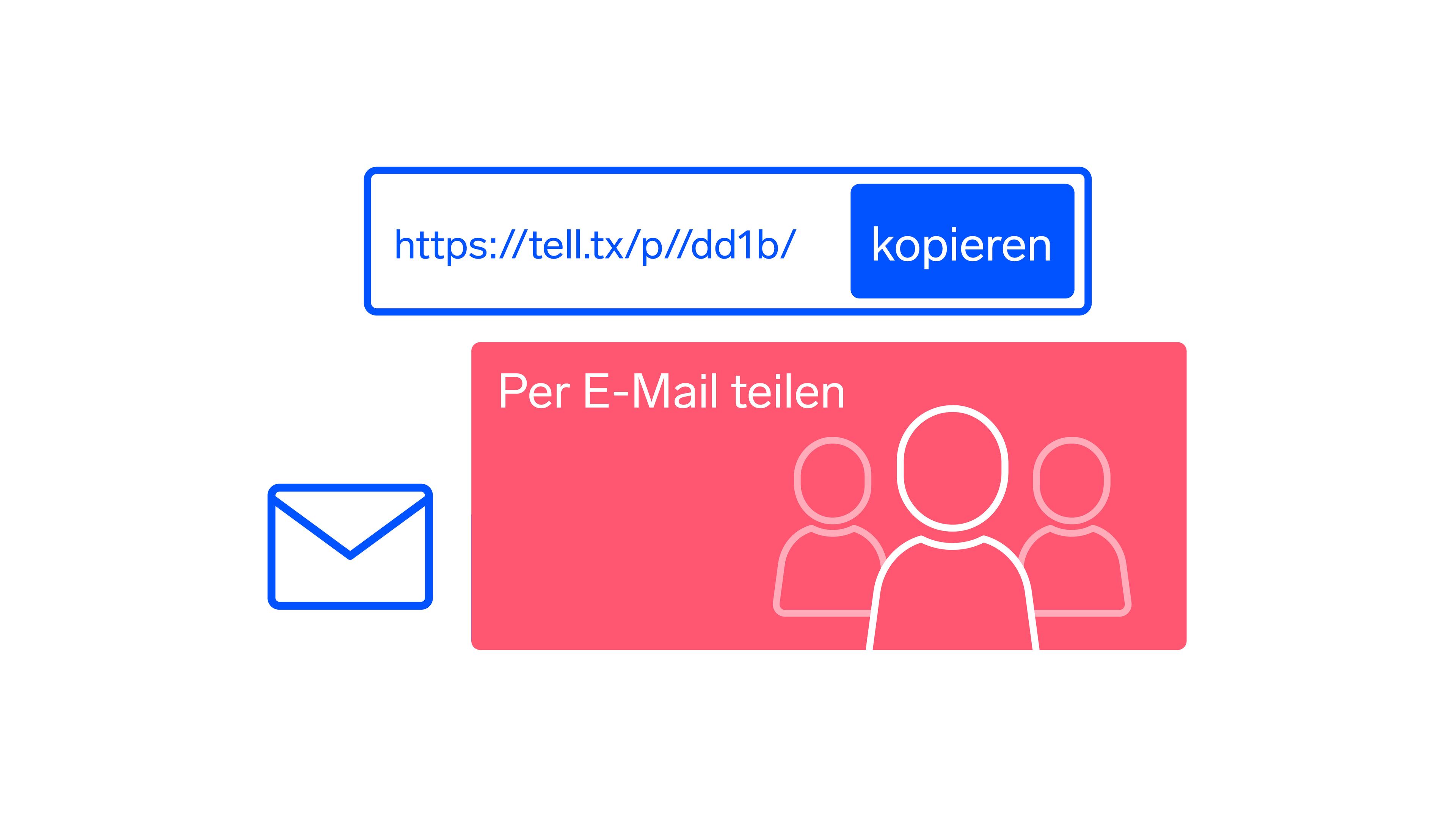 Grafik, die eine URL mit einer Schaltfläche „Kopieren“, einem E-Mail-Symbol und einem Feld „Per E-Mail teilen“ mit Umrissen von Personen zeigt.