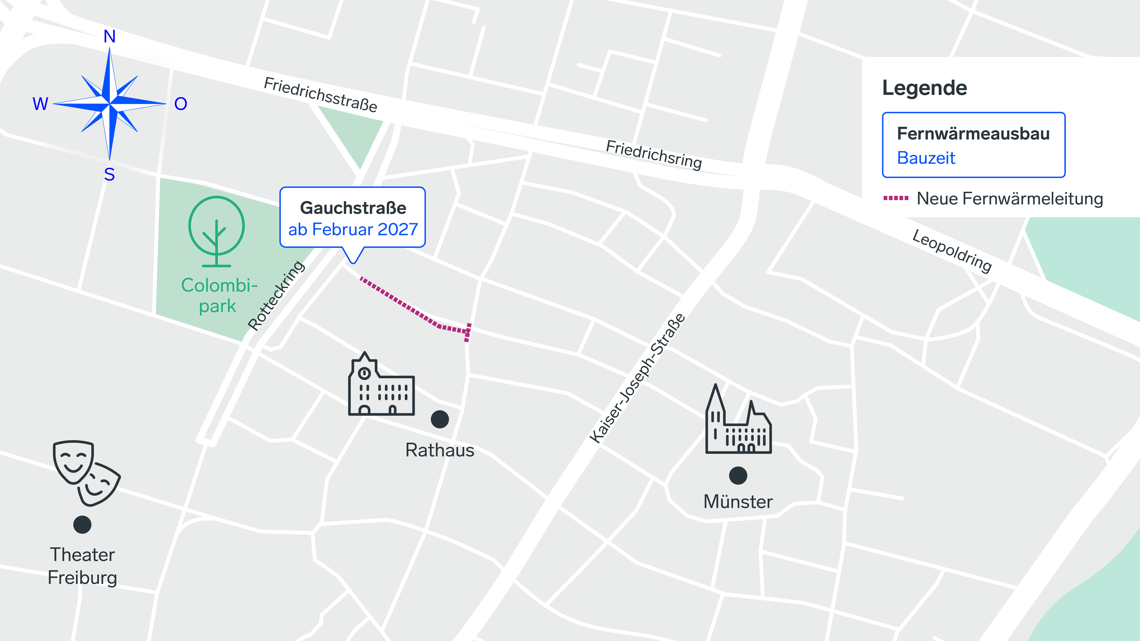 Fernwärmebaustellen in der Freiburger Innenstadt 2027