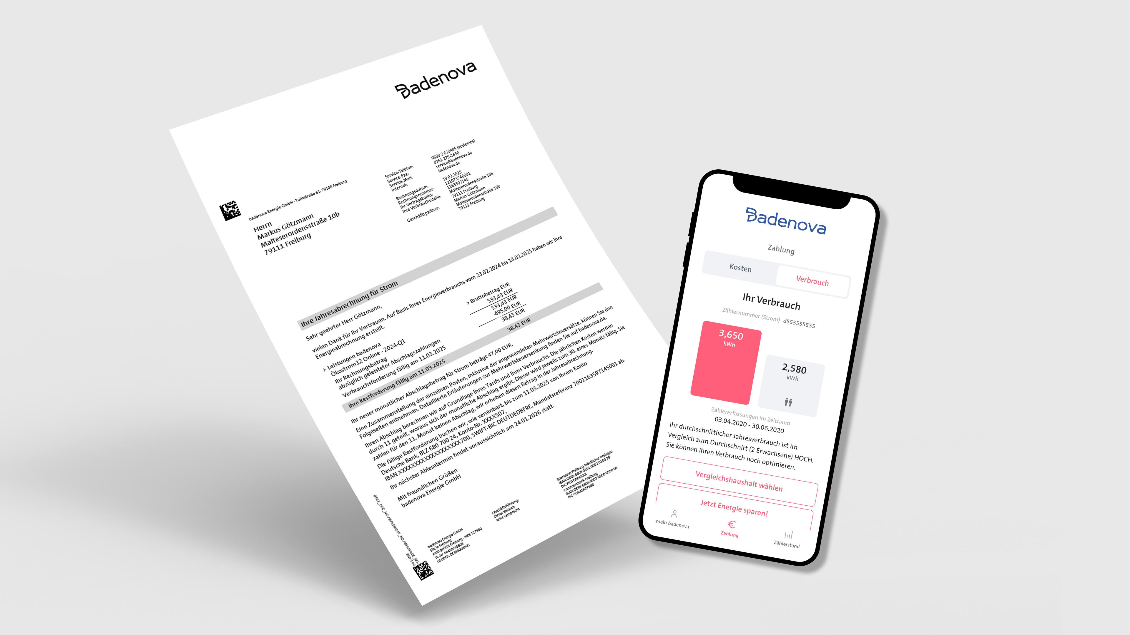 Eine grafische Darstellung einer Rechnung von Badenova, links in Papierform und rechts im praktischen Überblick im Kundenportal auf dem Handy