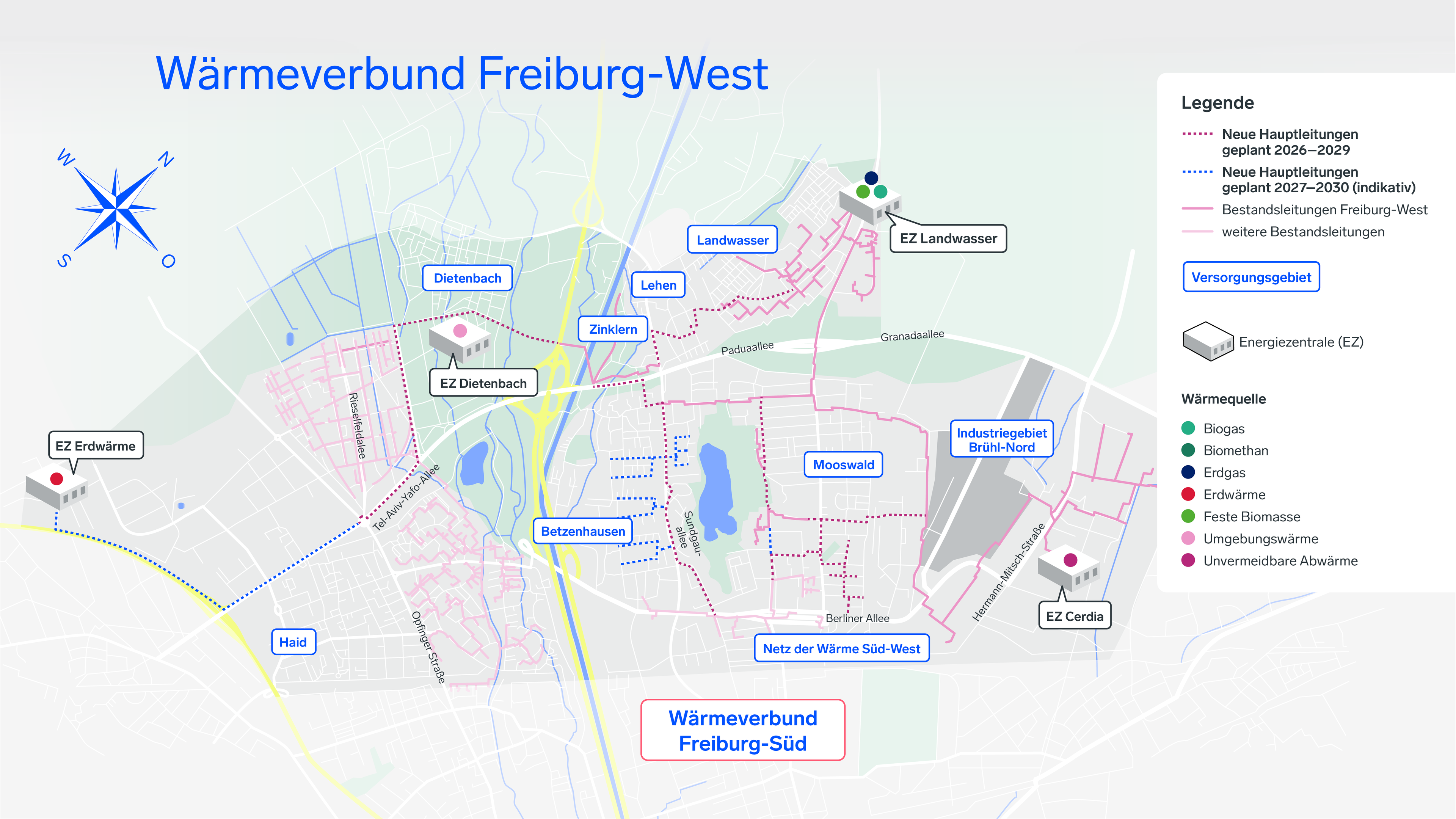 Karte zum Fernwärmeausbau und den vorhandenen Fernwärmeleitungen im Wärmeverbund Freiburg-West