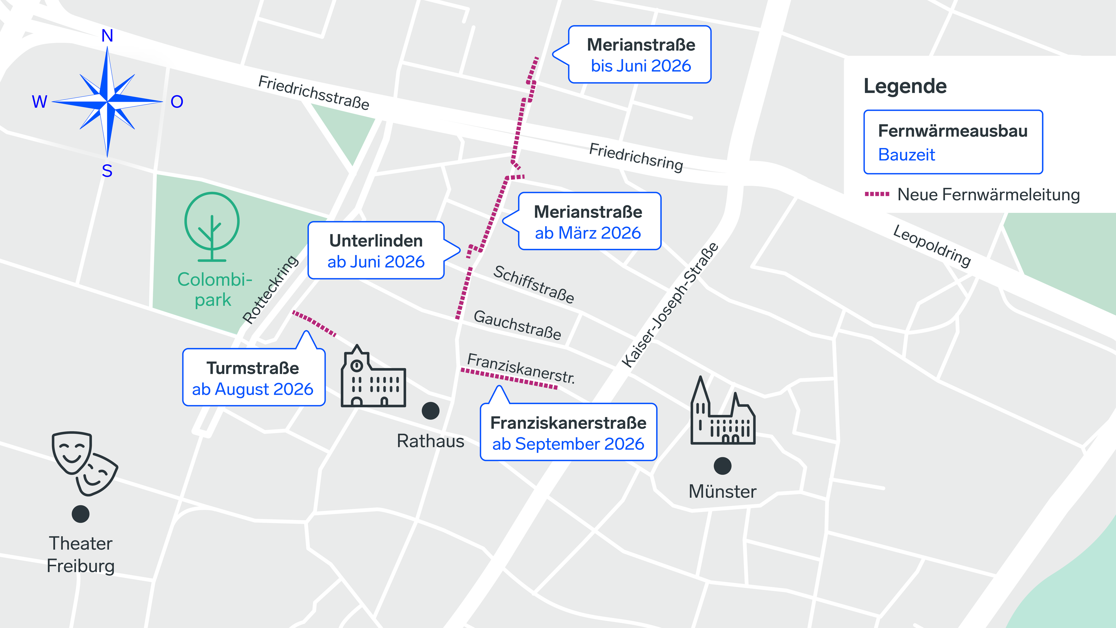 Fernwärmebaustellen in der Freiburger Innenstadt 2026