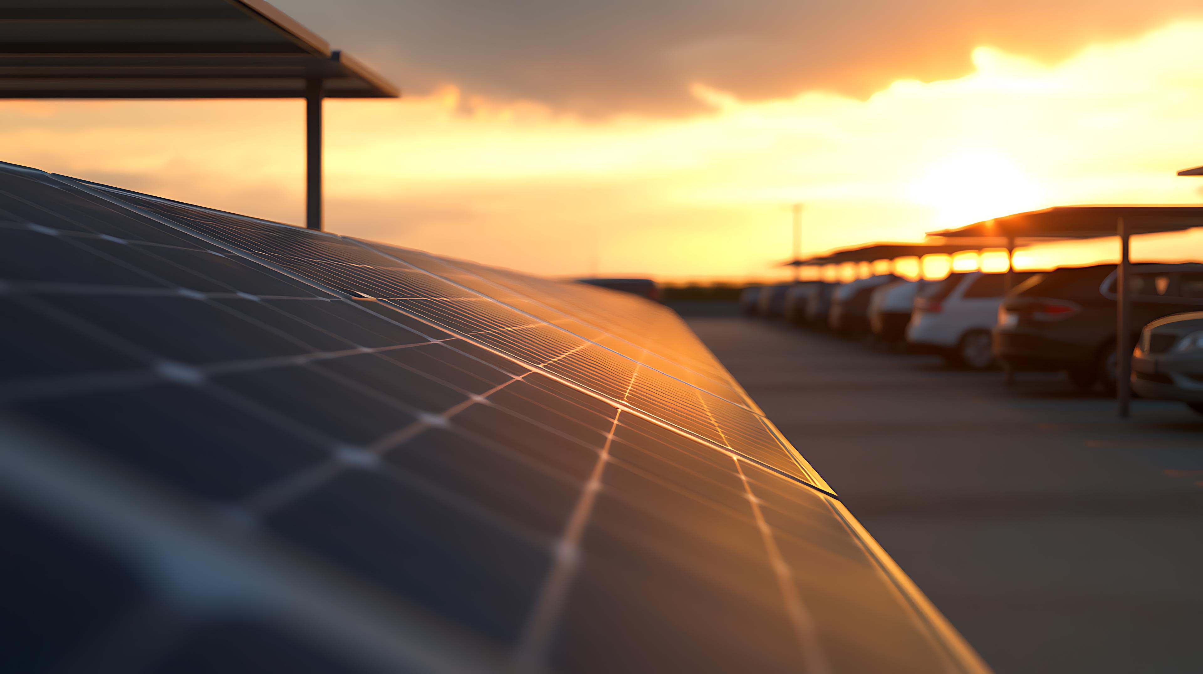 Parkplatzüberdachung mit Photovoltaikmodulen bei Sonnenuntergang