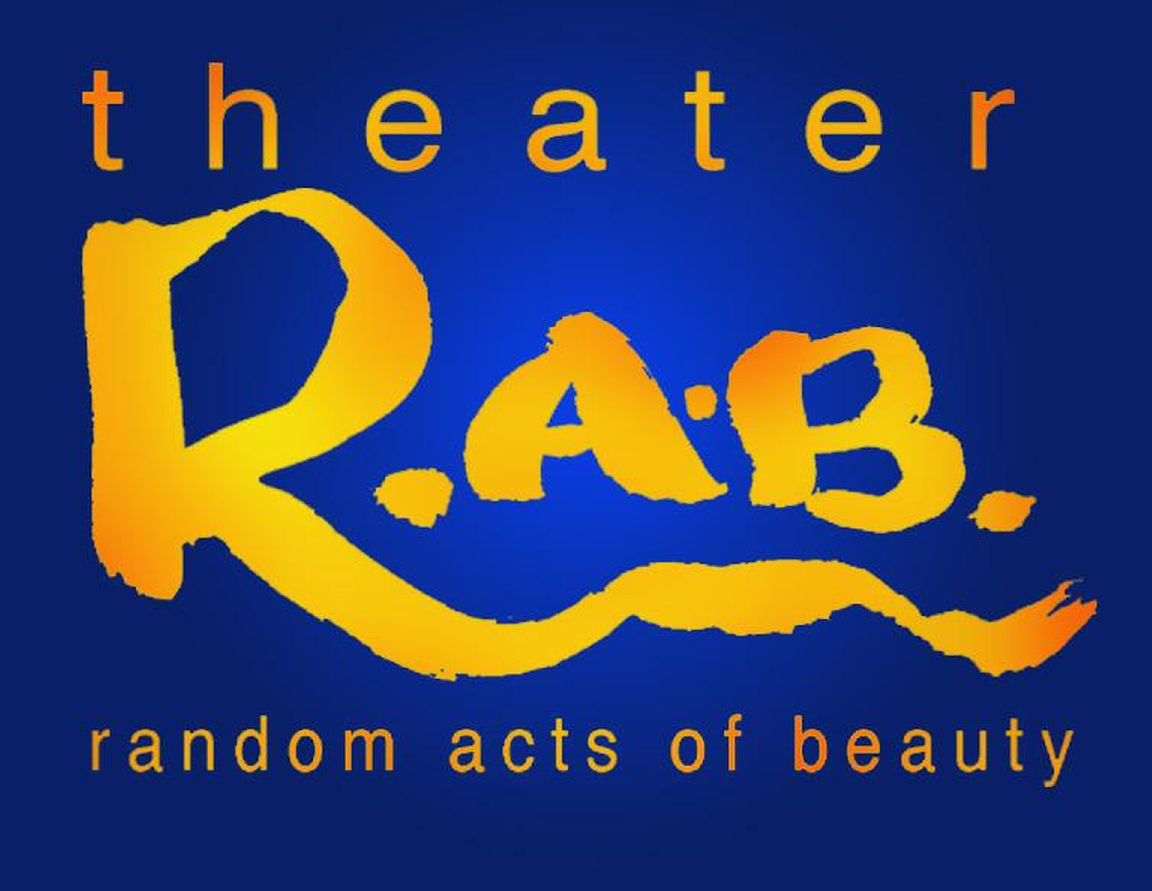 Logo mit der Aufschrift „theater R.A.B.“ in fetter gelber Schrift und darunter „random acts of beauty“ vor blauem Hintergrund.