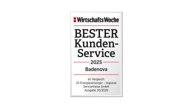 Auszeichnung mit der Auszeichnung „Bester Kunden-Service 2025“ der WirtschaftsWoche für Badenova im Vergleich von 22 regionalen Energieversorgern.
