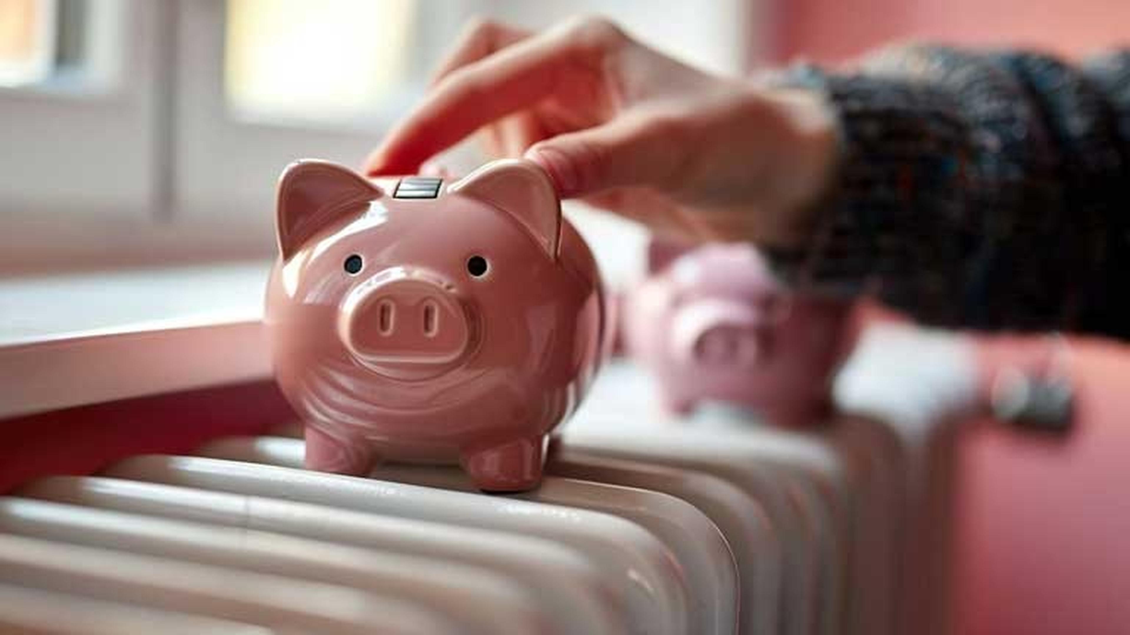 Eine Hand legt eine Münze in ein rosa Sparschwein, das auf einem Heizkörper steht.