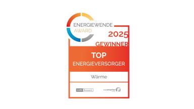 „Gewinner des Energiewende Award 2025 für den besten Energieversorger in der Wärme, mit den Logos von EU-PD Research und The Smarter E.“