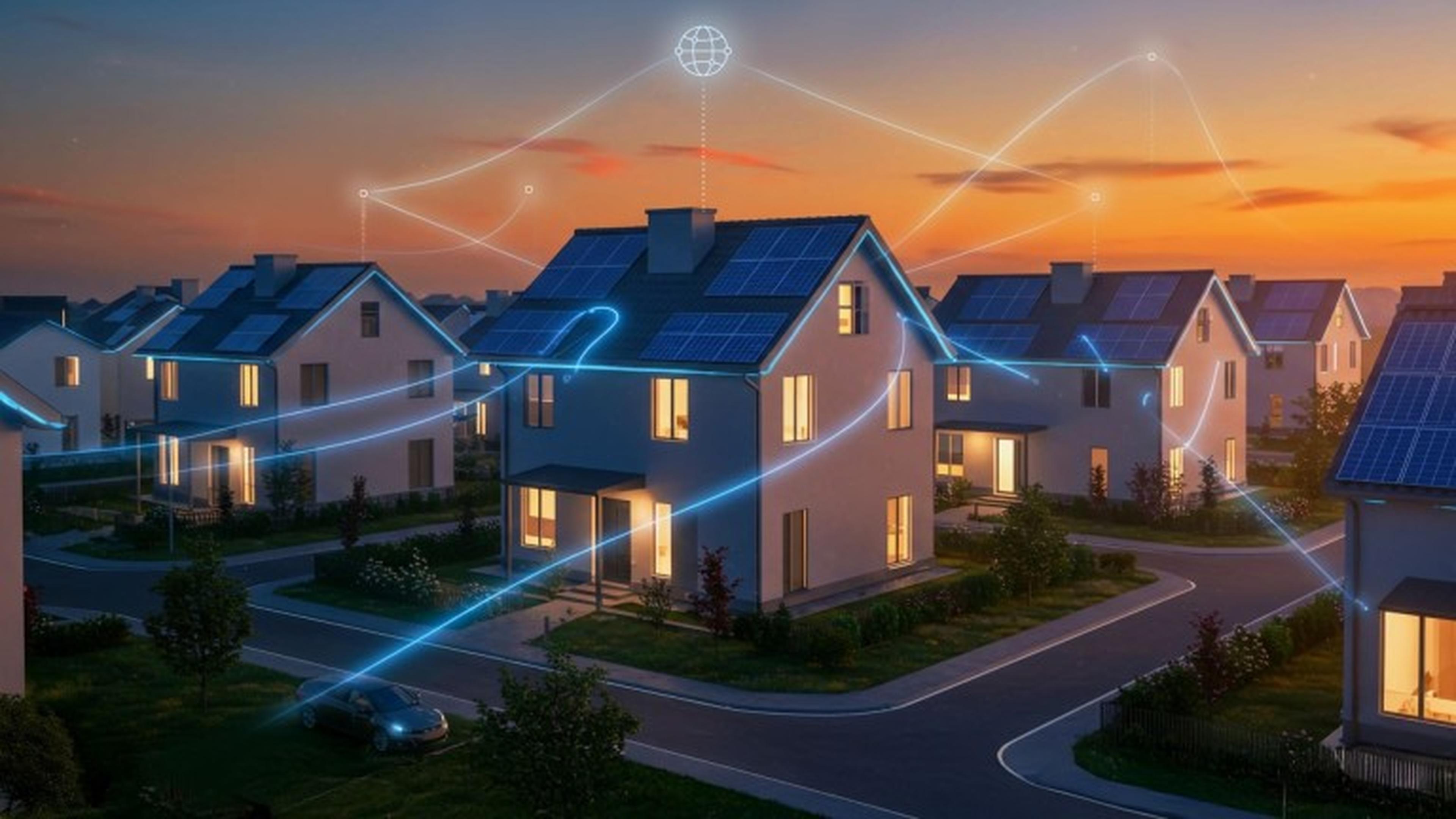 Modern, eco-friendly neighborhood at dusk with houses featuring solar panels, glowing interiors, and connecting digital lines in the sky.