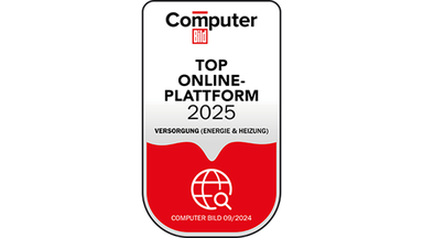 Auszeichnungsplakette mit der Aufschrift „Computer Bild Top Online-Plattform 2025“ für Energie und Wärme, mit Globus-Symbol, datiert 09/2024.