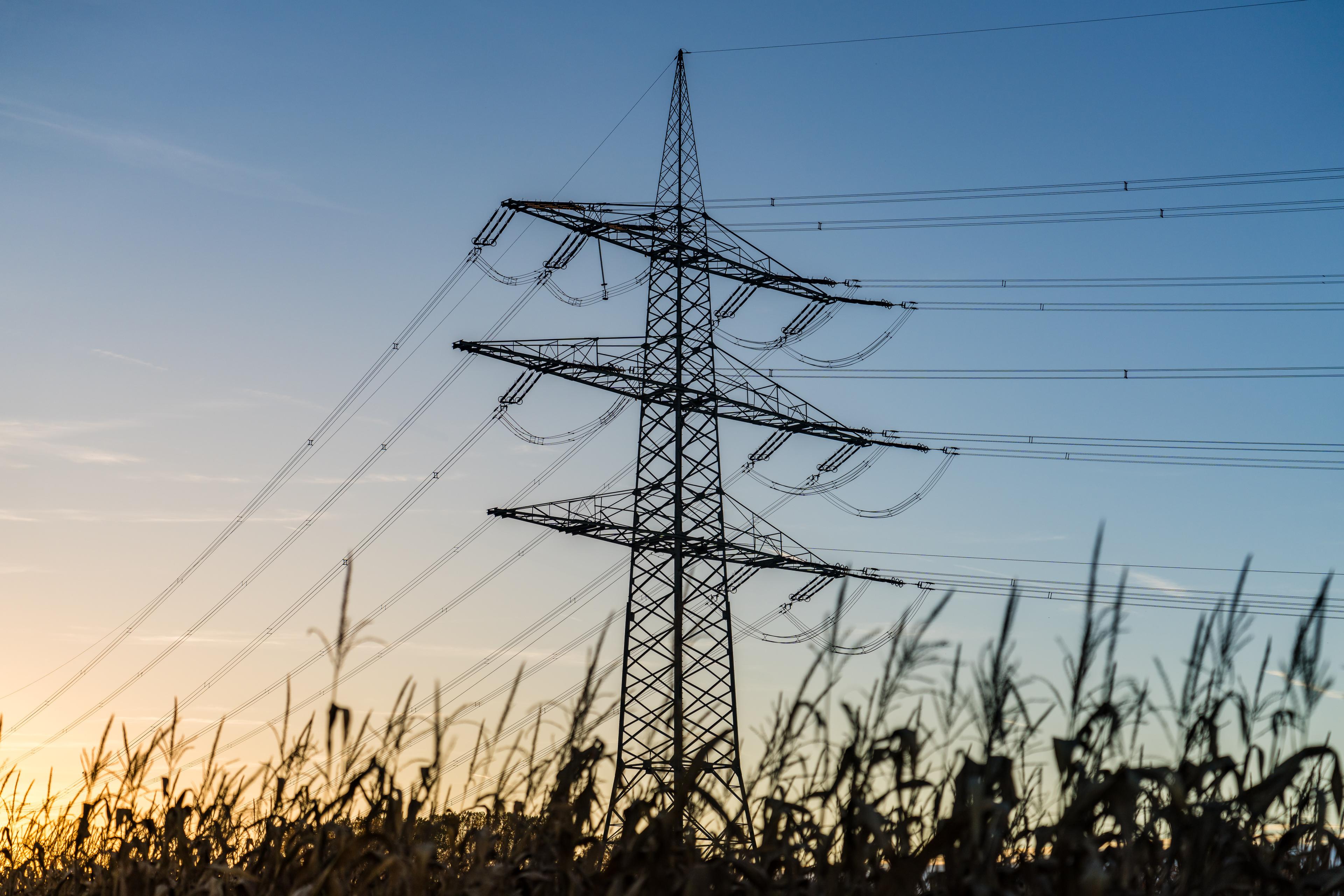Strommast und Leitungen vor Sonnenuntergang