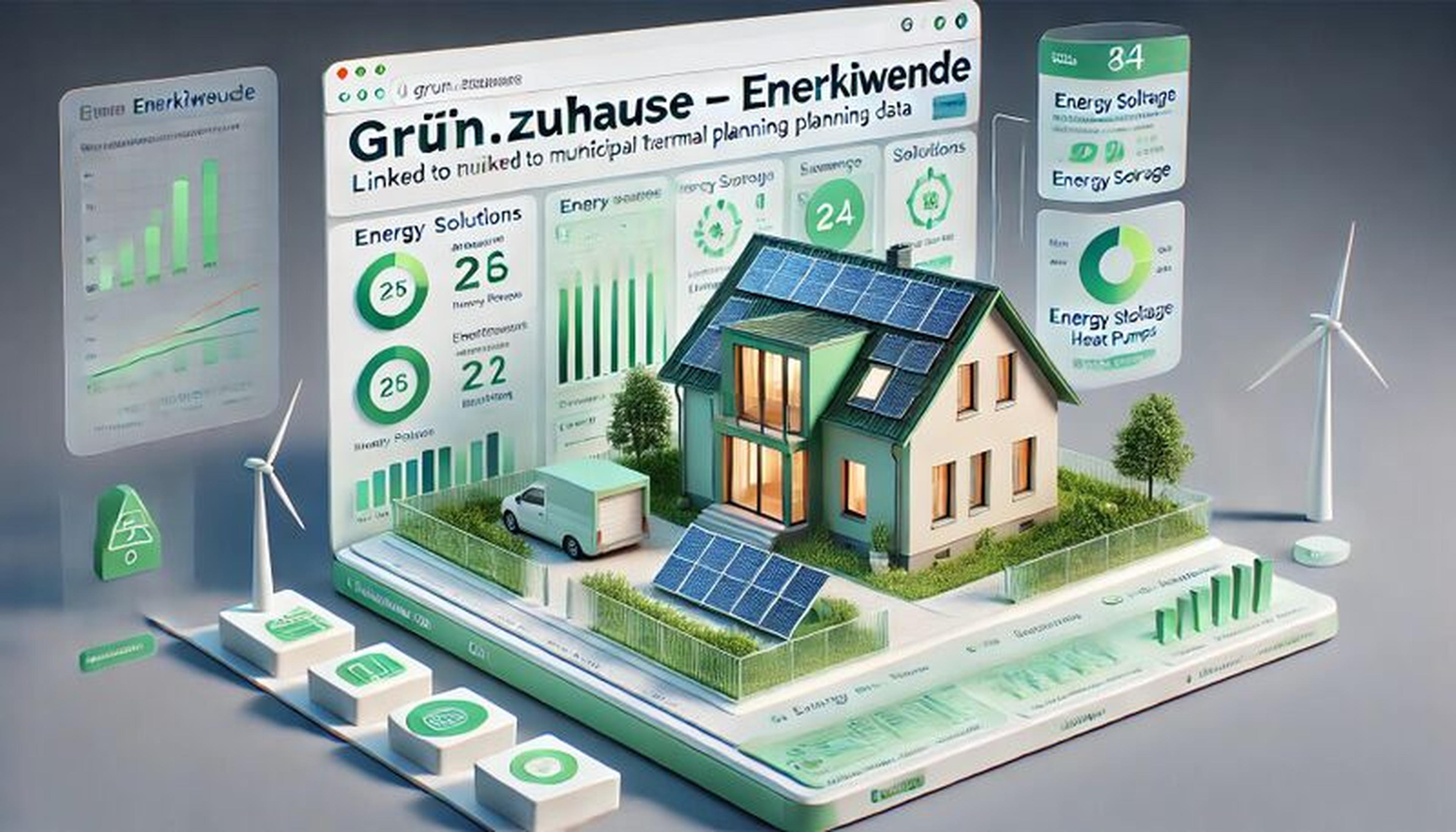 Illustration eines nachhaltigen Hauses mit Solarpanels, Windrädern und Energiedaten – KI-gestützte Empfehlungen für effiziente Sanierungen