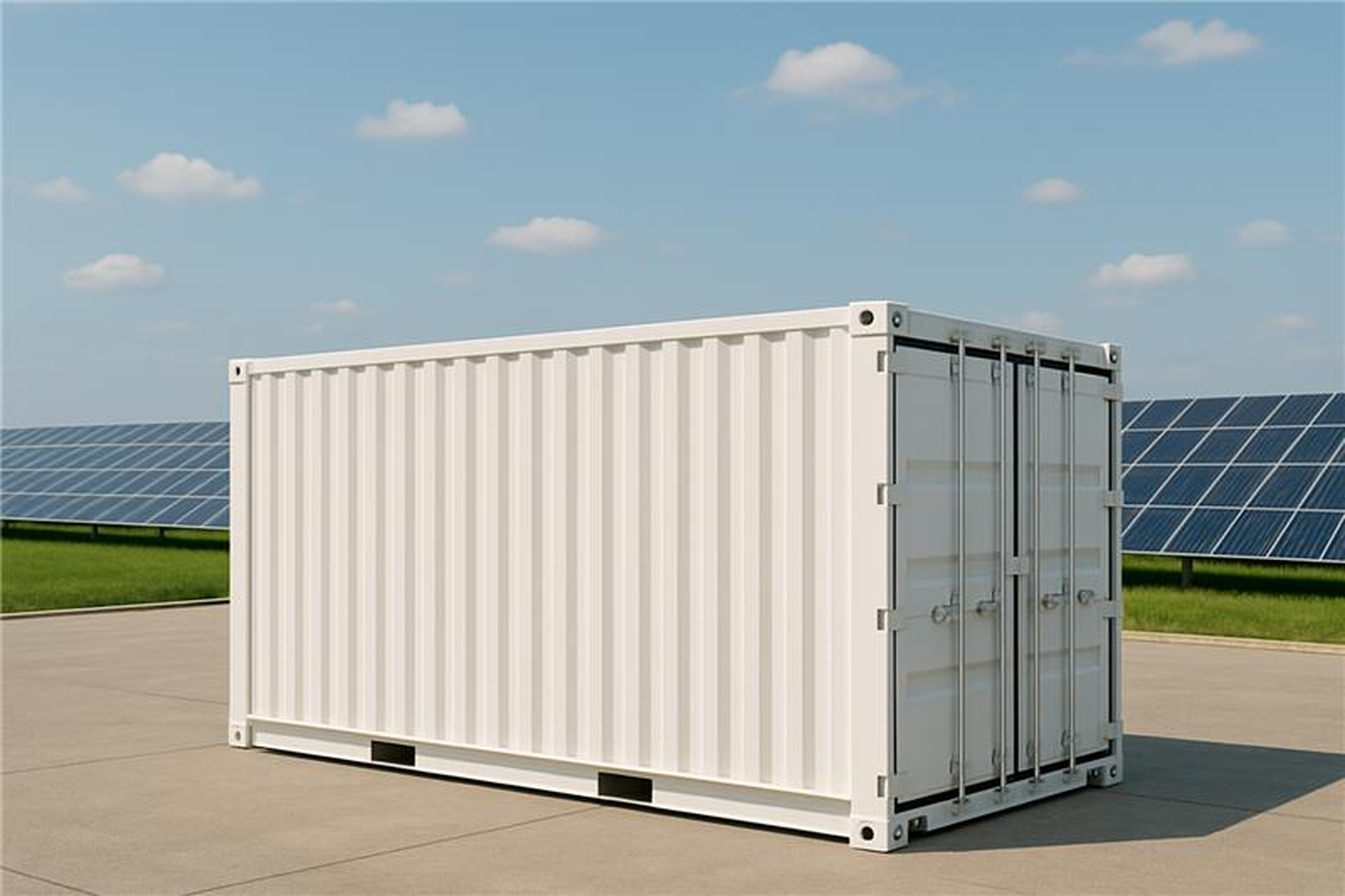 Weißer Batteriespeicher, in Form ines Überseecontainers vor Photovoltaik-Anlage und blauem Himmel