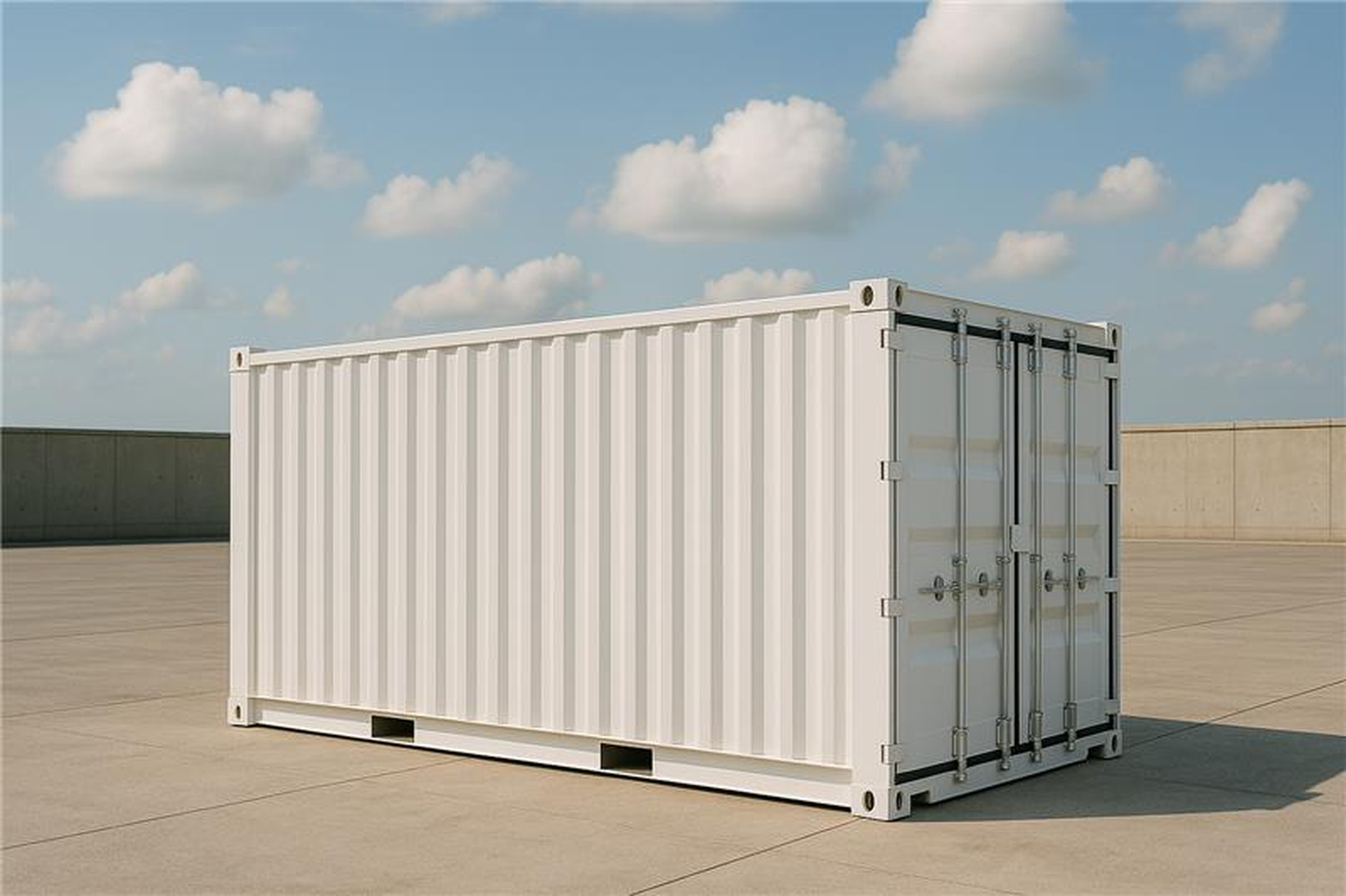 Weißer Batteriespeicher, in Form ines Überseecontainers vor schlichtem Hintergrund bei blauem Himmel