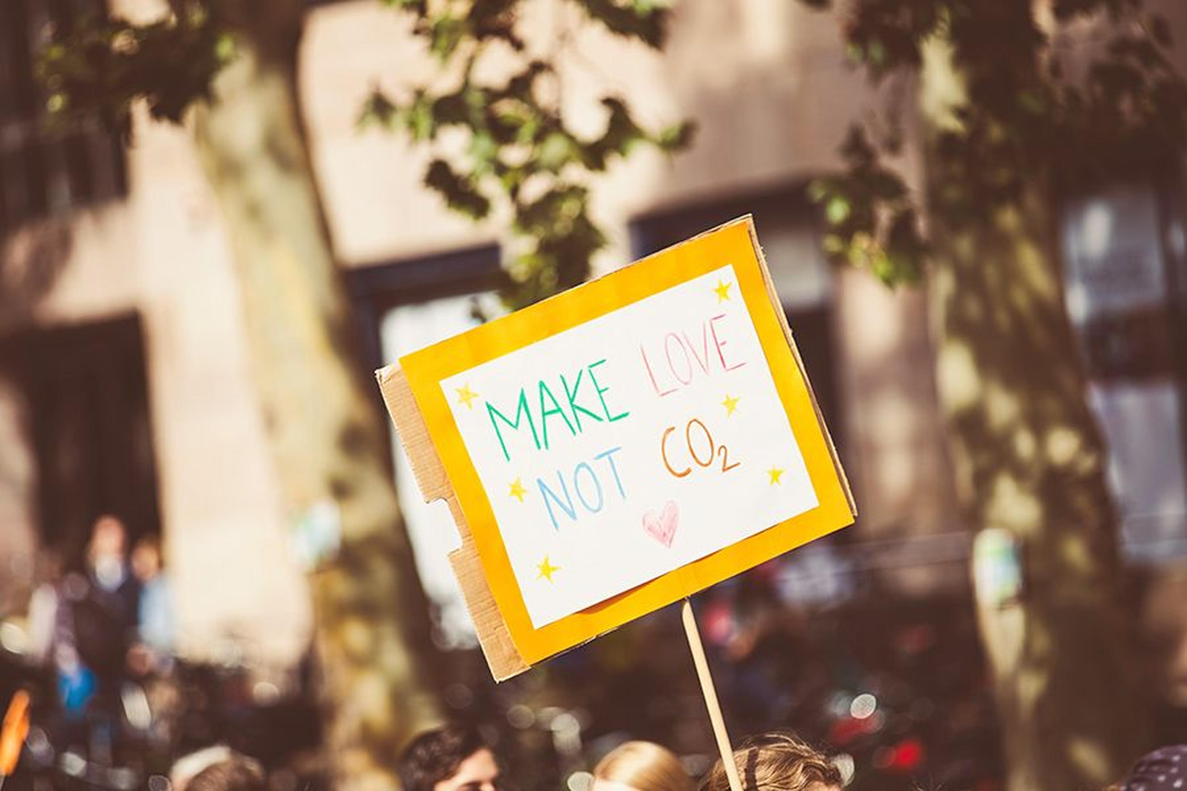 Selbst gebasteltes Demonstrationsschild mit der Aufschrift „Make love not CO₂“