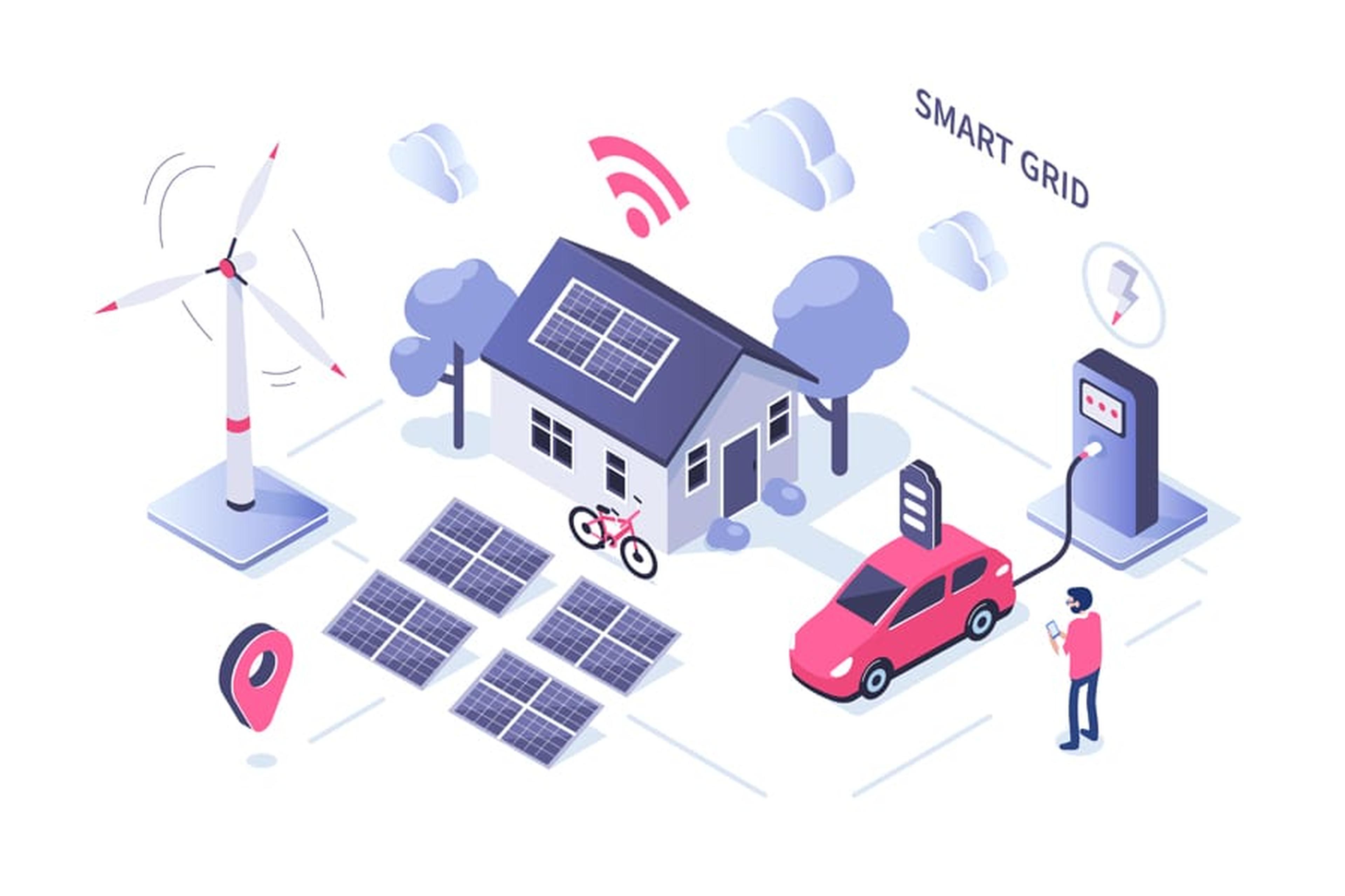 Illustration eines Smart-Grid-Systems mit Solarzellen, Windkraftanlage, Ladestation für Elektroautos und einem vernetzten Haus.