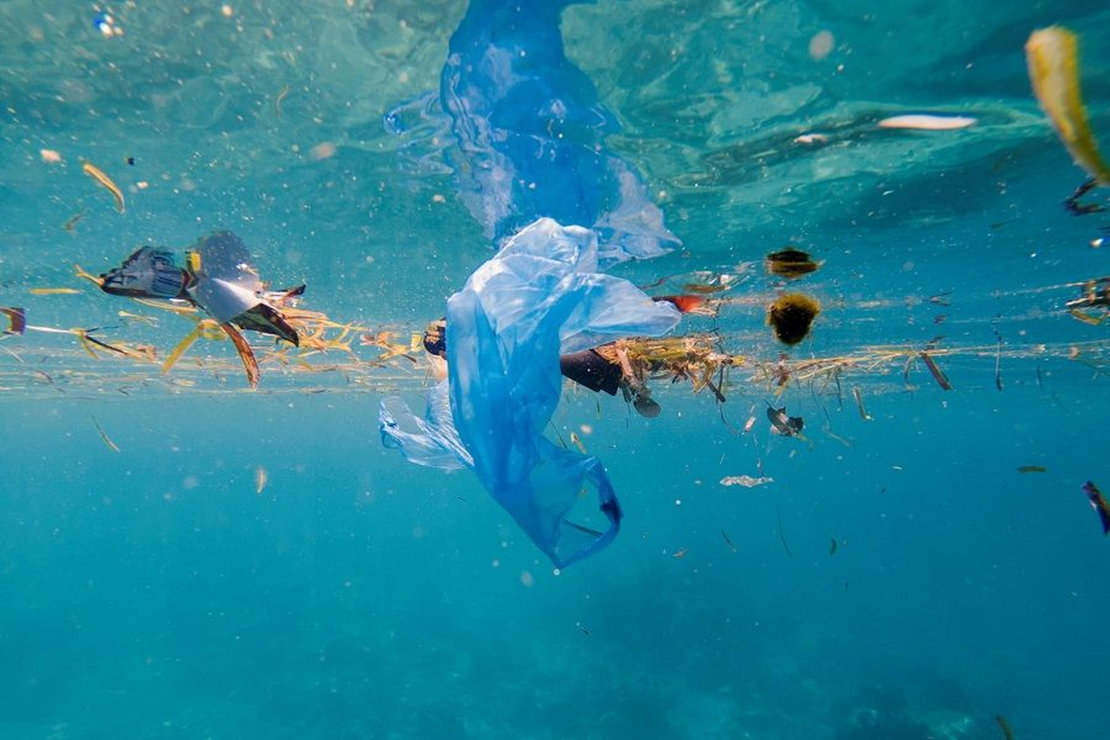 Unterwasseraufnahme zeigt eine Plastiktüte und schwimmenden Müll im Meer.