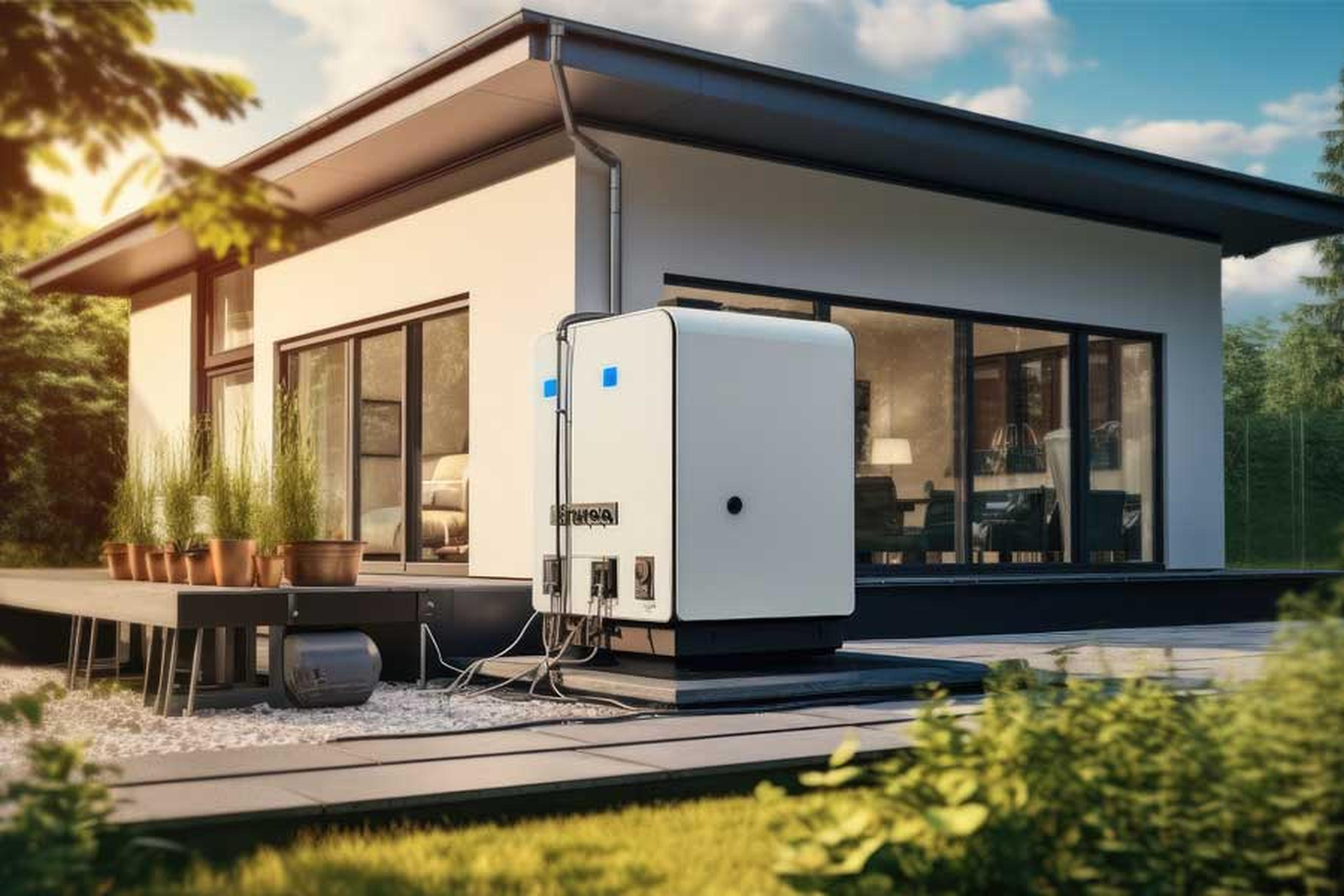 Modernes Haus mit großen Fenstern, Außenterrasse und einer Wärmepumpeneinheit auf einem Kiesbereich, umgeben von Topfpflanzen und üppigem Grün.