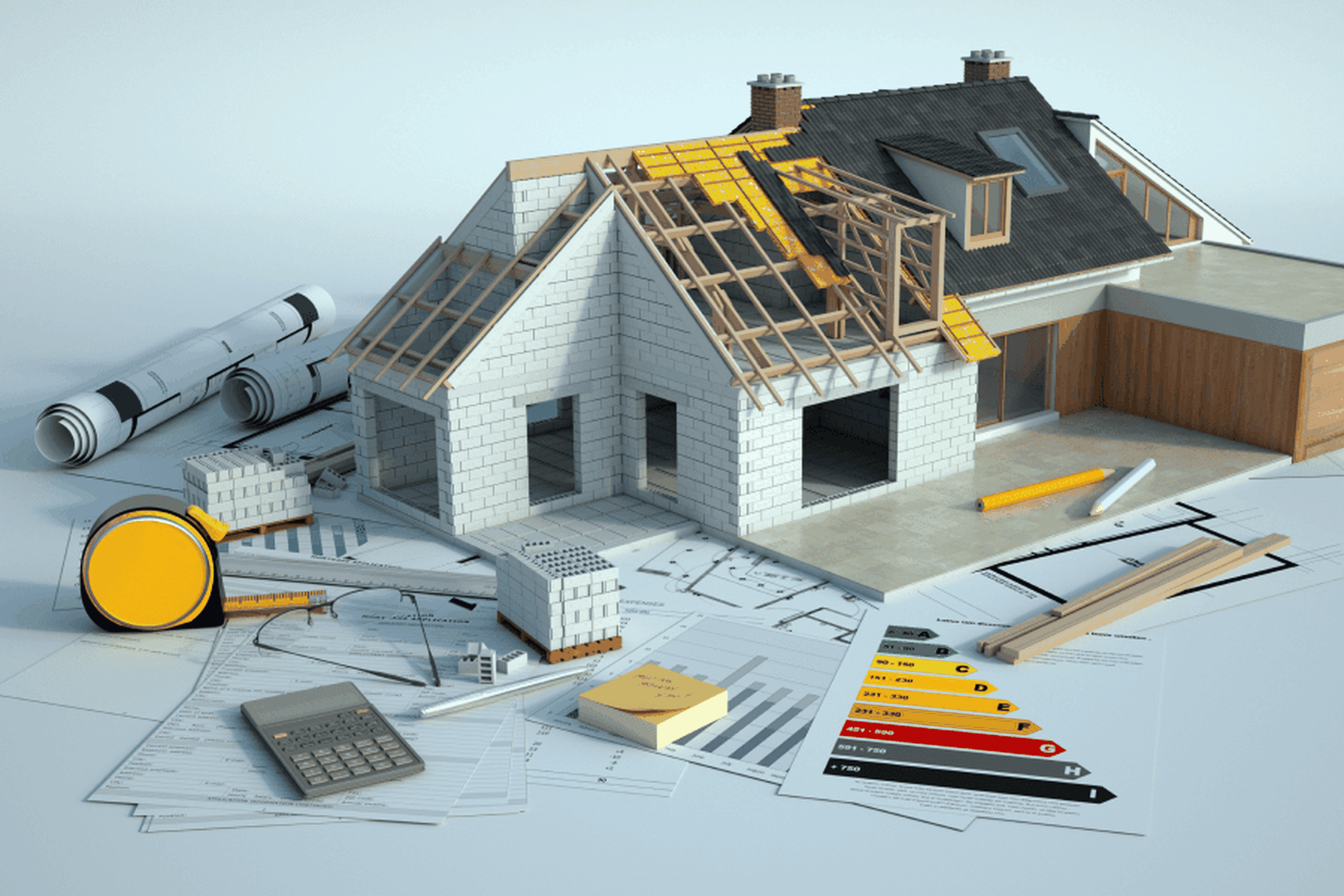 Ein teilweise fertiggestelltes Haus mit Bauplänen, einem Taschenrechner, einem Maßband und einer Energieeffizienz-Tabelle, die im Vordergrund verstreut liegen.