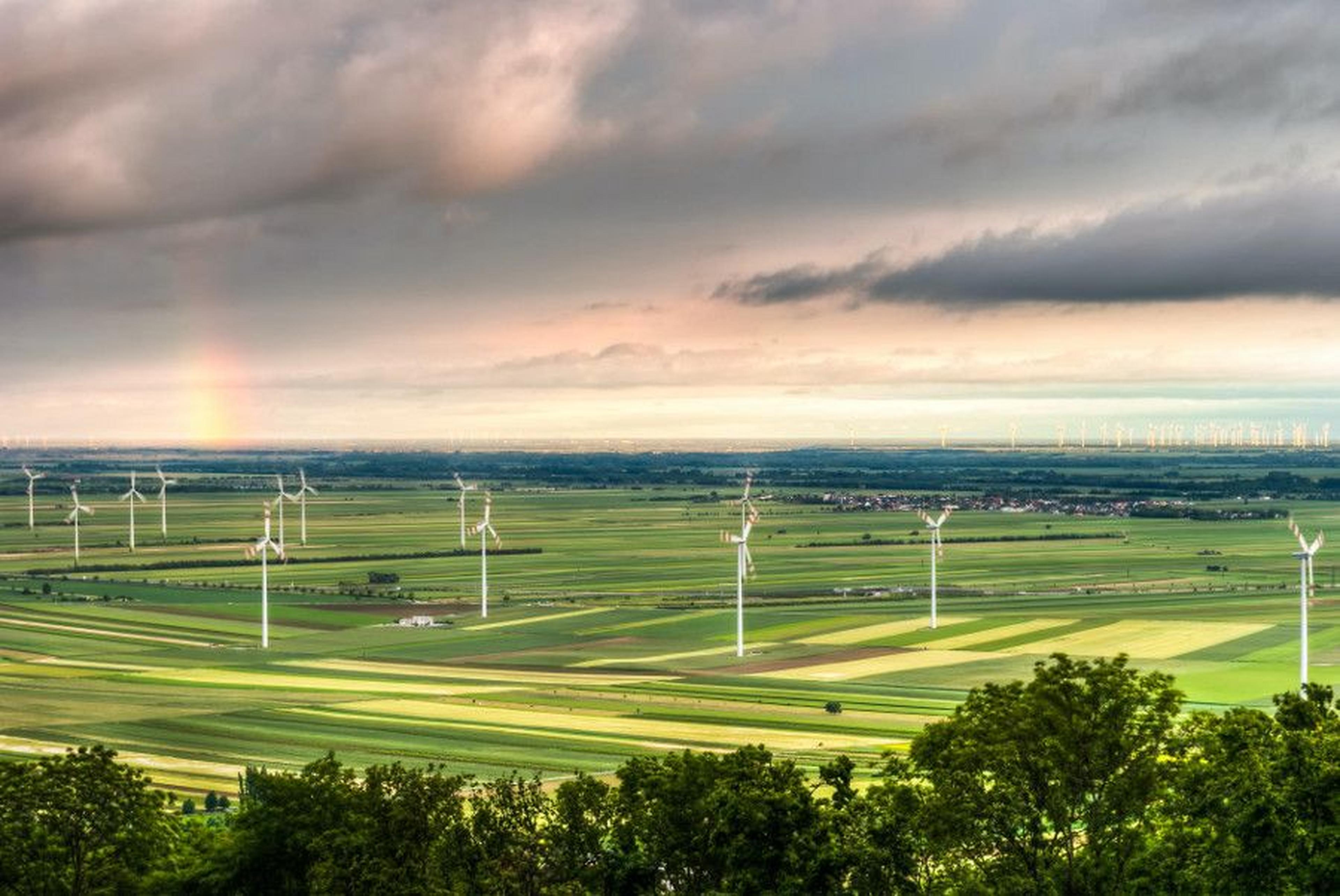Windräder in einer weitläufigen Agrarlandschaft