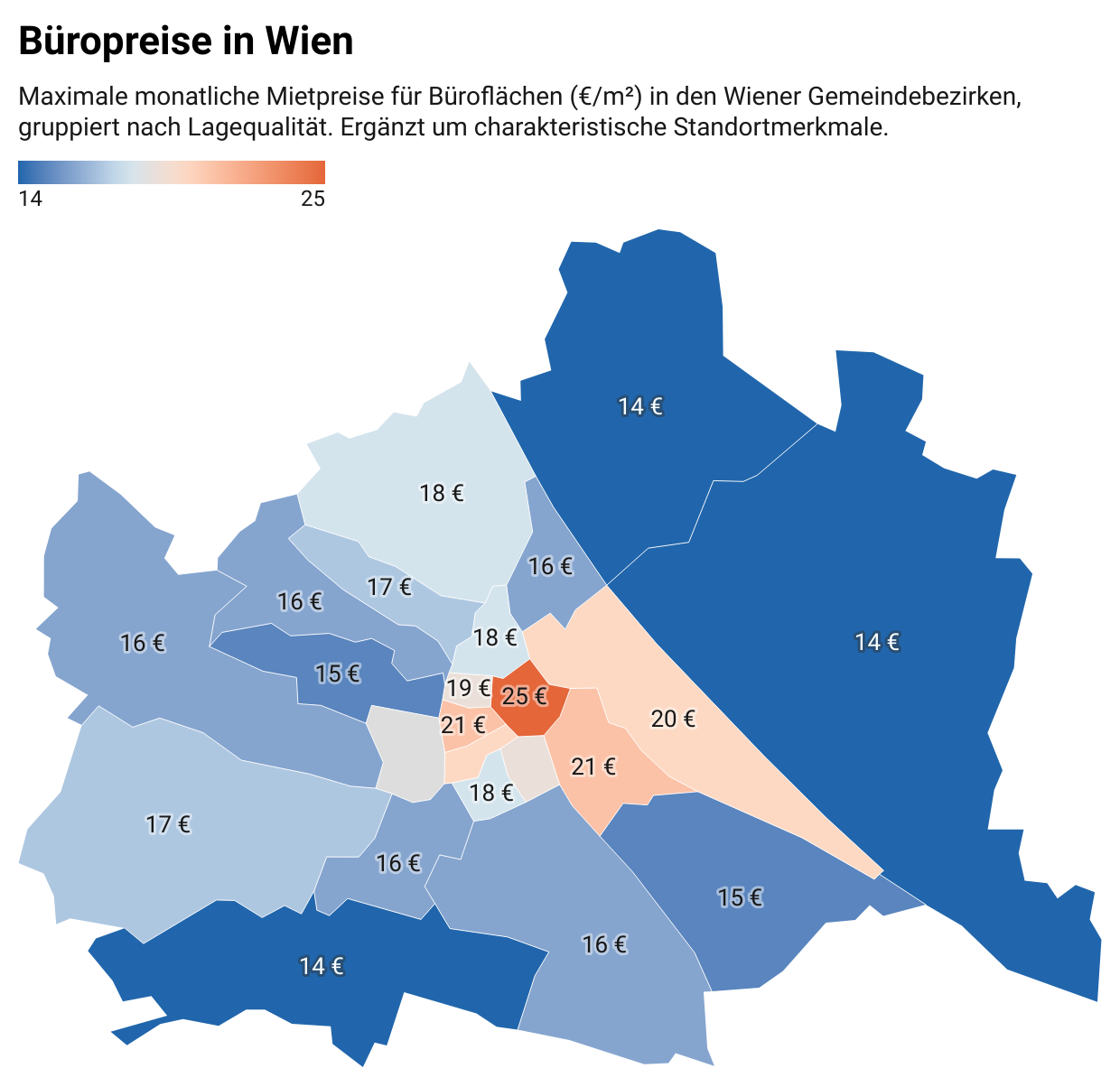 Die Preise pro Quadratmeter für Büros in Wien auf einer Karte