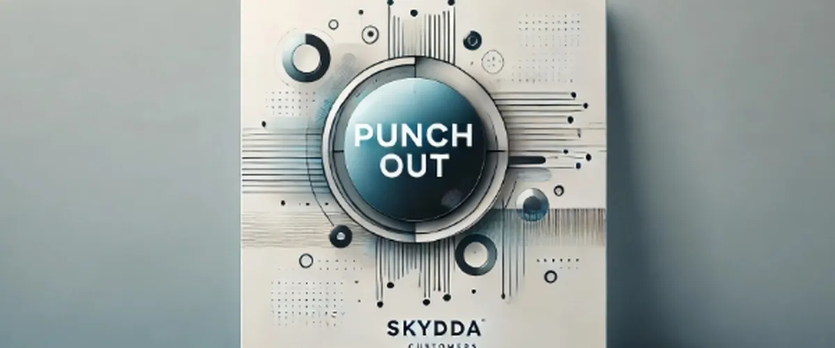 Futuristisk affisch med en central "PUNCH OUT"-knapp, omgiven av geometriska mönster. Texten längst ner lyder "SKYDDA CUSTOMERs."