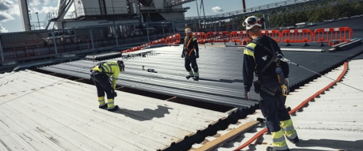 Arbetare i skyddsutrustning som installerar plåttak på en industribyggnad, med säkerhetssele fäst.