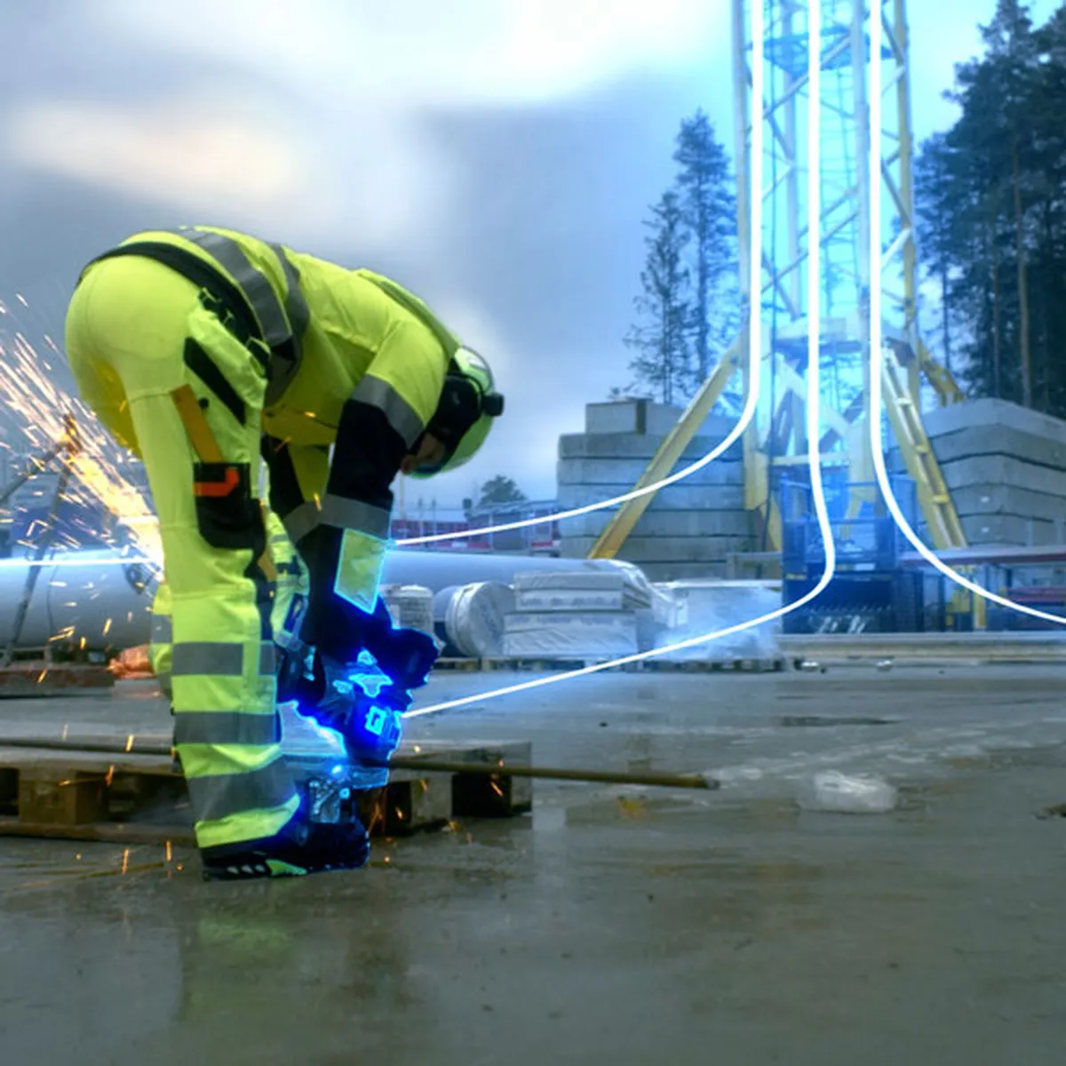 Construction worker in fluorescent gear grinds metal, emitting sparks. Blue neon lines encapsulate a futuristic worksite with stacks of materials.