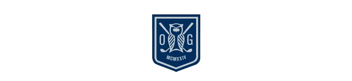 Blue and white emblem with a stylized owl, crossed golf clubs, and the initials "O G," featuring the word "Hochatow."