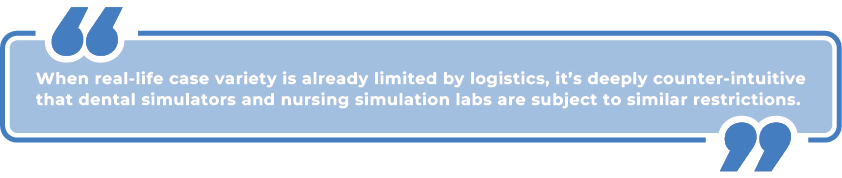 Pull quote: "when real-life case variety is already limited by logistics, it's deeply counter-intuitive that dental simulators and nursing simulation labs are subject to similar restrictions."
