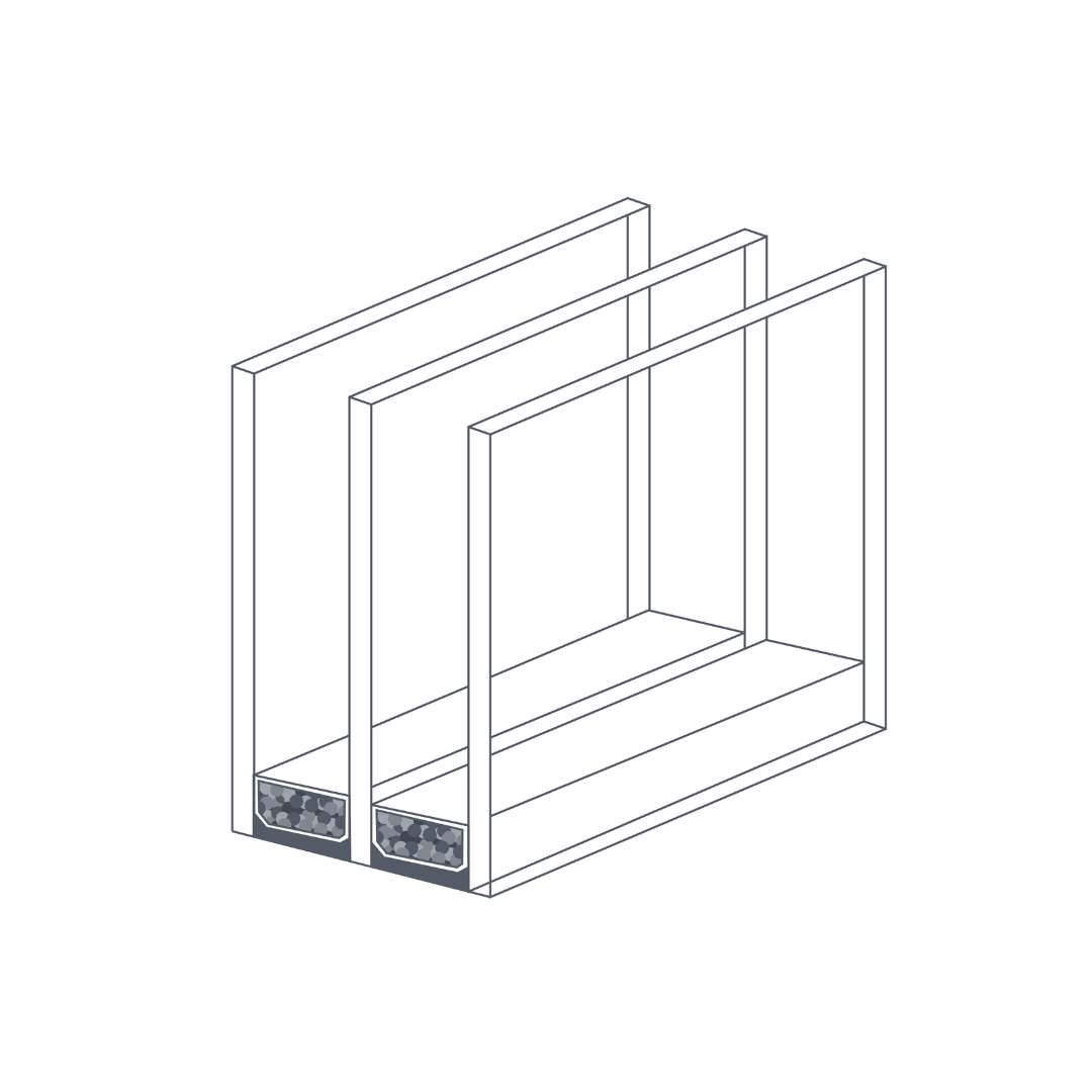 A line drawing of two shelves with a textured base, possibly representing a storage unit or shelving system.