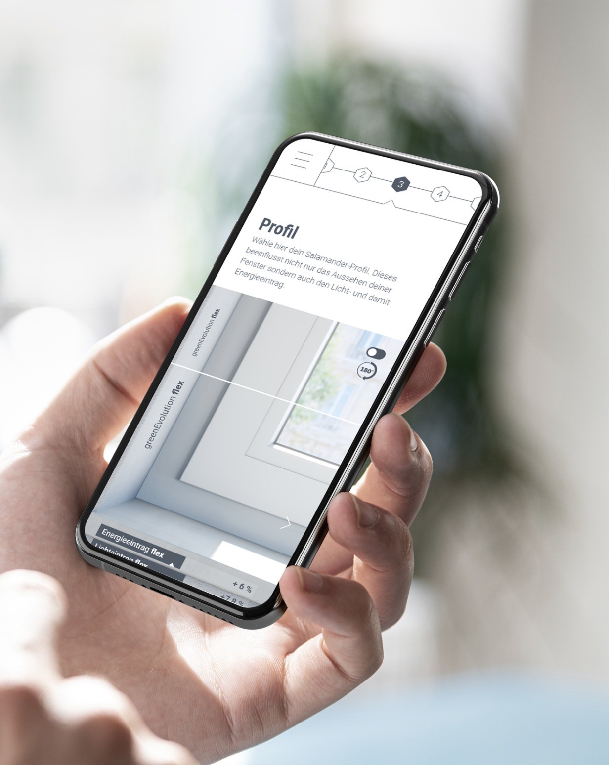 Una mano sosteniendo un smartphone mostrando una página web con el texto "Perfil" y una imagen de una ventana.