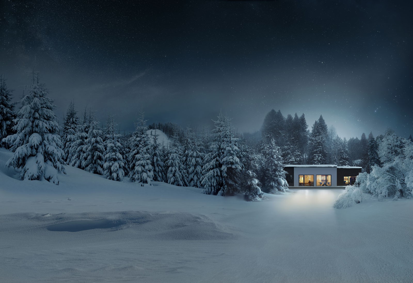 A cozy cabin glows warmly amidst a snowy forest under a starry night sky, surrounded by snow-covered trees.
