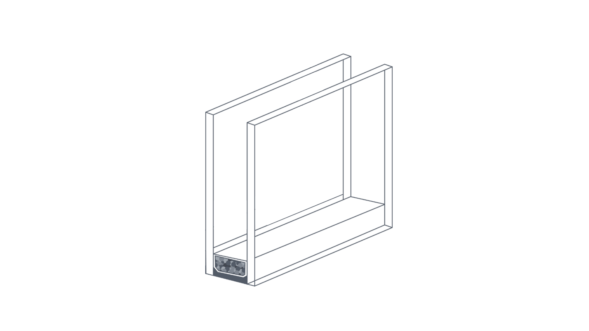 Line drawing of a metal frame with a shelf and a small square object in the bottom left corner.