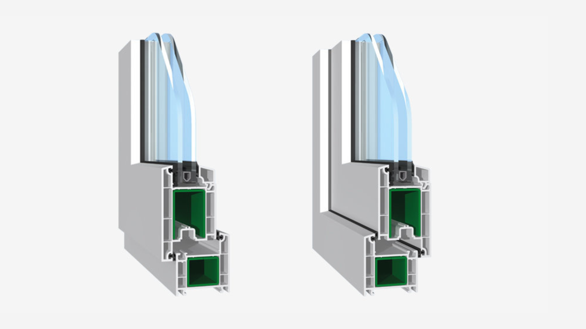 Two images of a window frame with a glass panel and a green frame on the bottom.