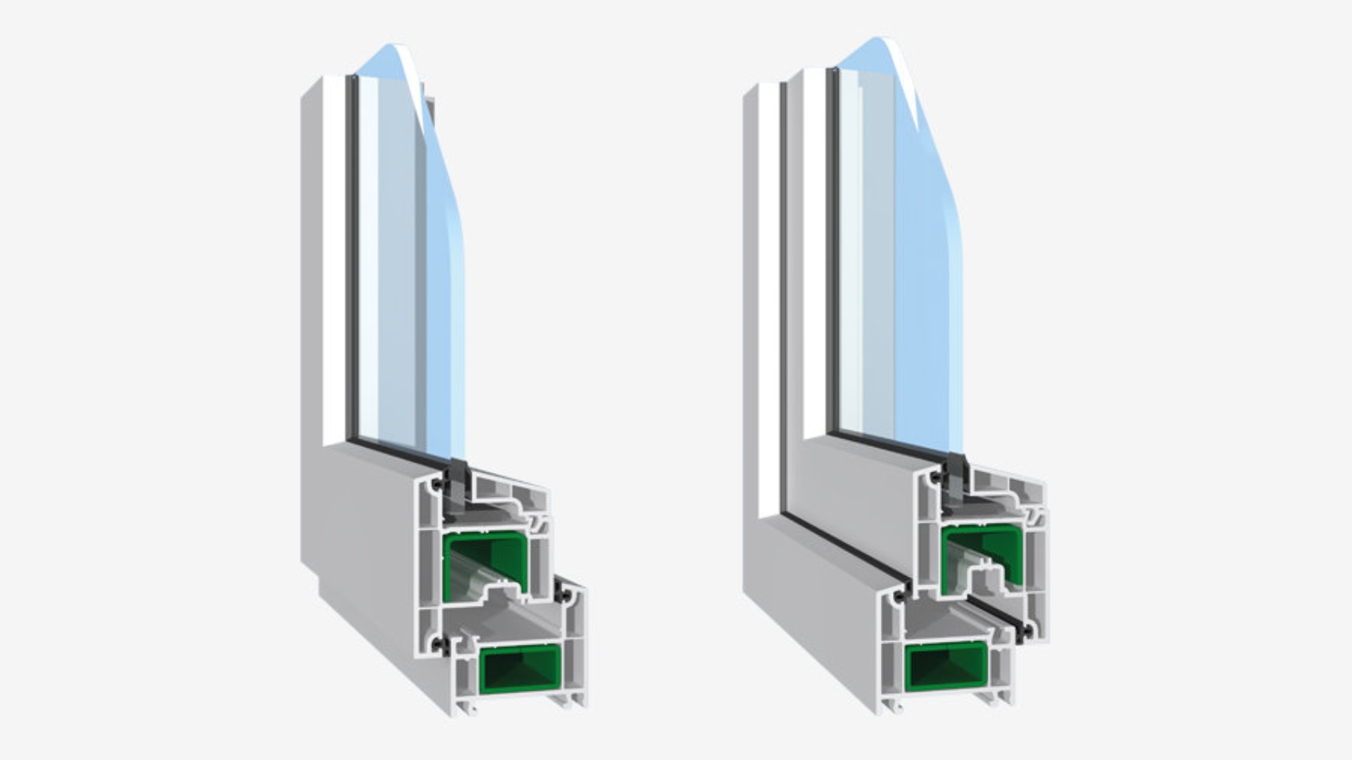 Two identical windows with white frames and green inserts, showcasing the design and structure of the windows.