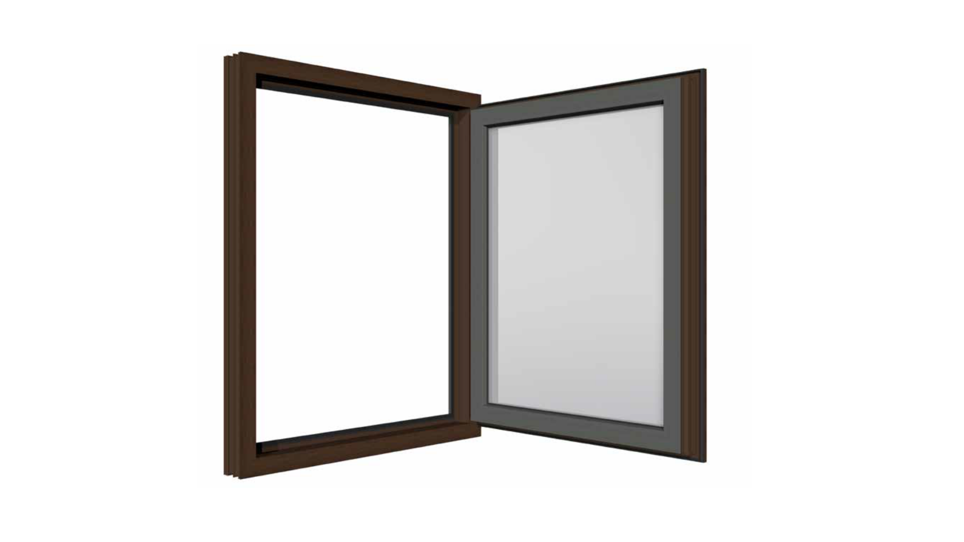 Open window with brown frame and white glass pane on a white background.