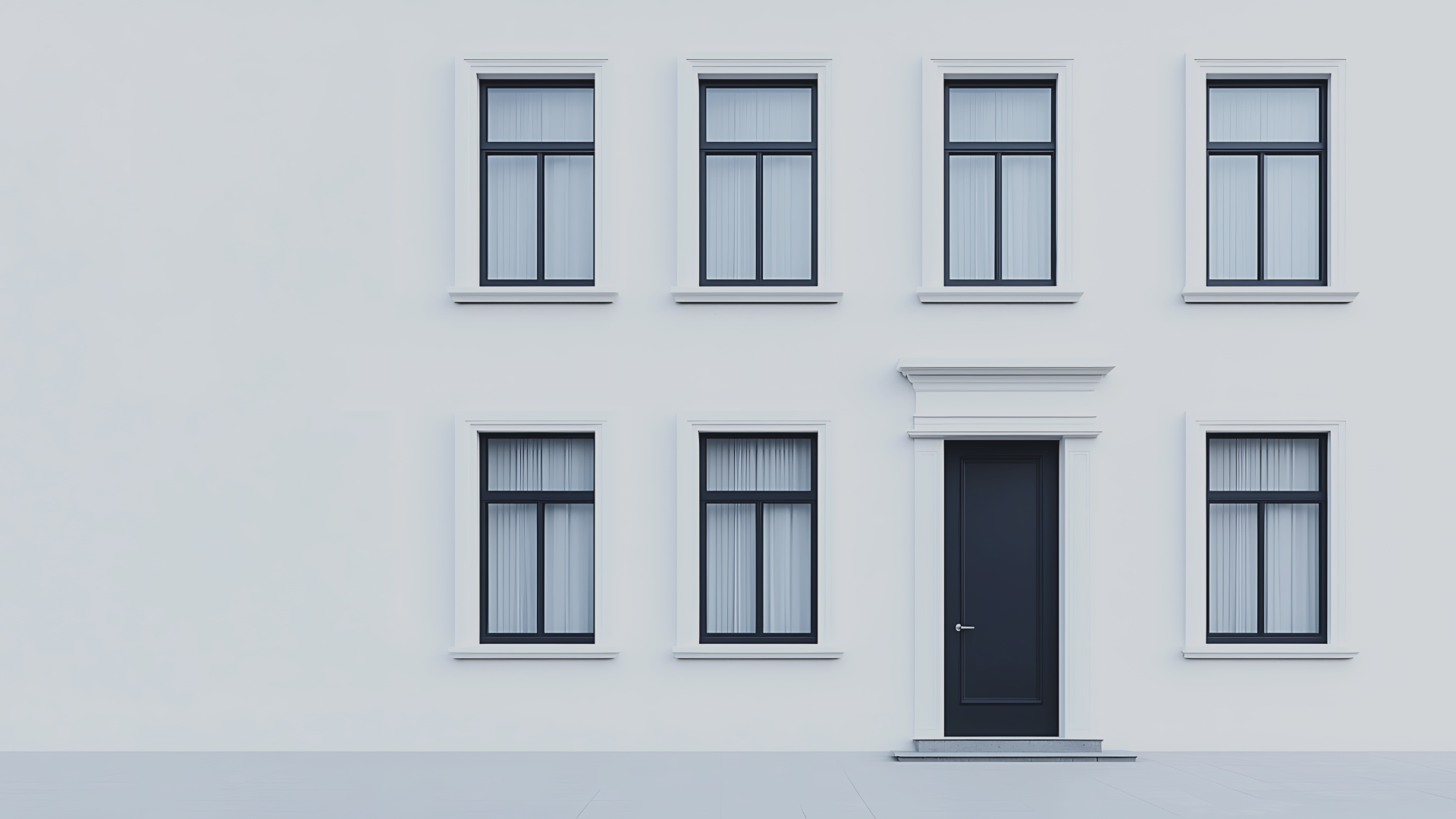 A white wall with six windows and a black door. The windows have white curtains and black frames. The door has a white frame and a black handle.