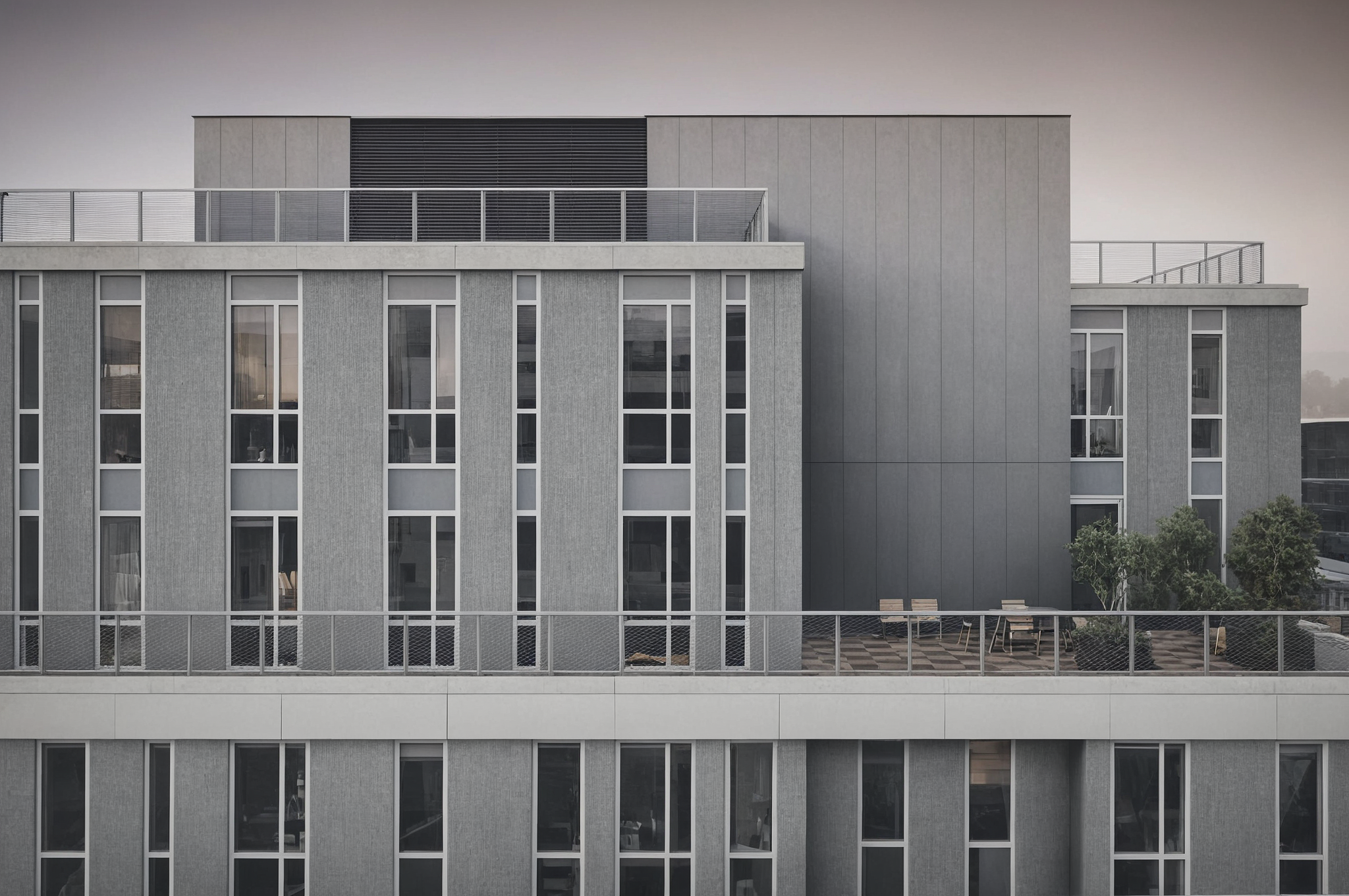 Ein modernes Gebäude mit einem Balkon und einer Terrasse mit einem Tisch und Stühlen. Das Gebäude hat Glasfenster und eine graue Außenfassade.