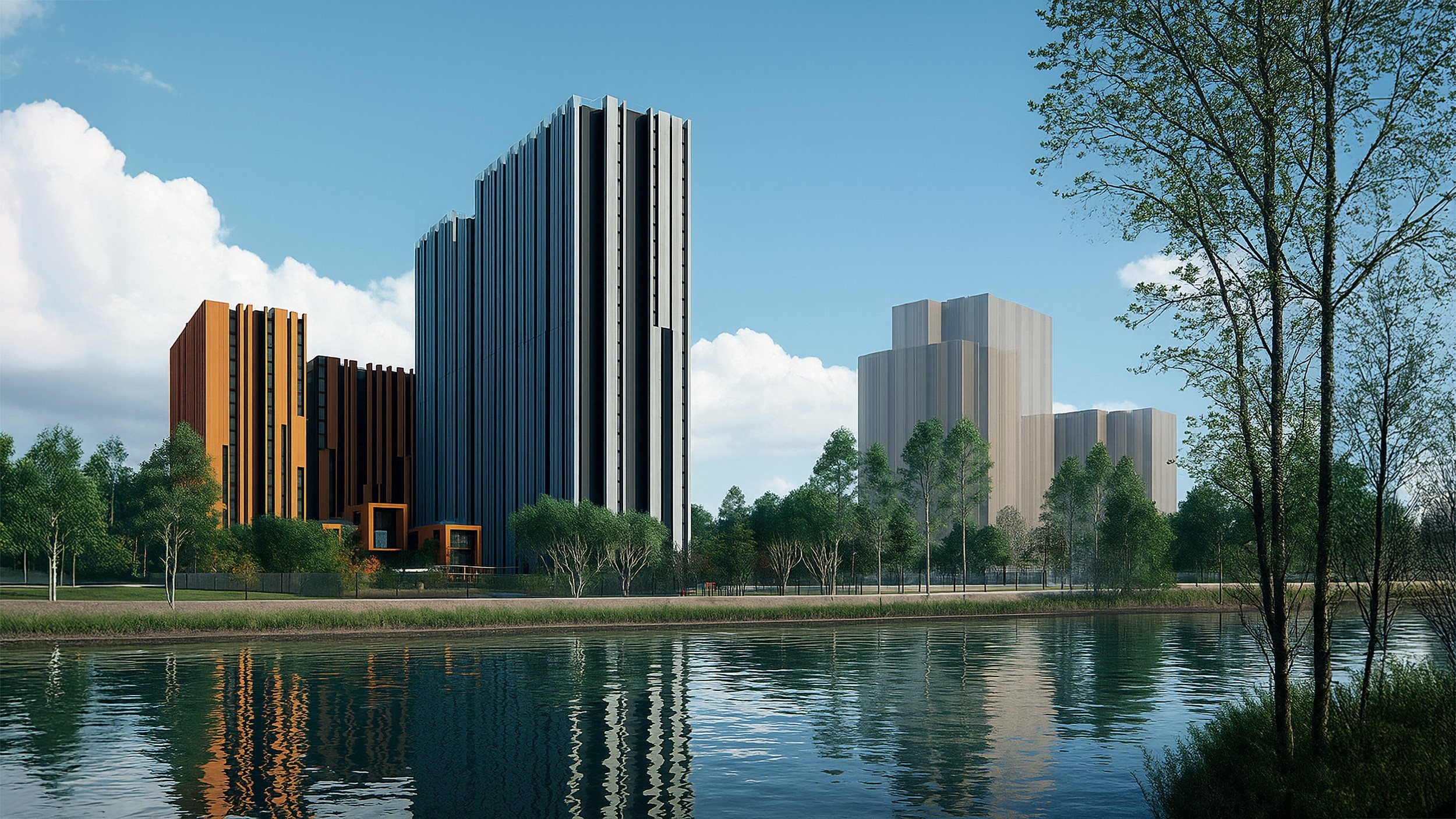 A rendering of a modern cityscape with tall buildings, lush greenery, and a serene body of water under a clear blue sky.