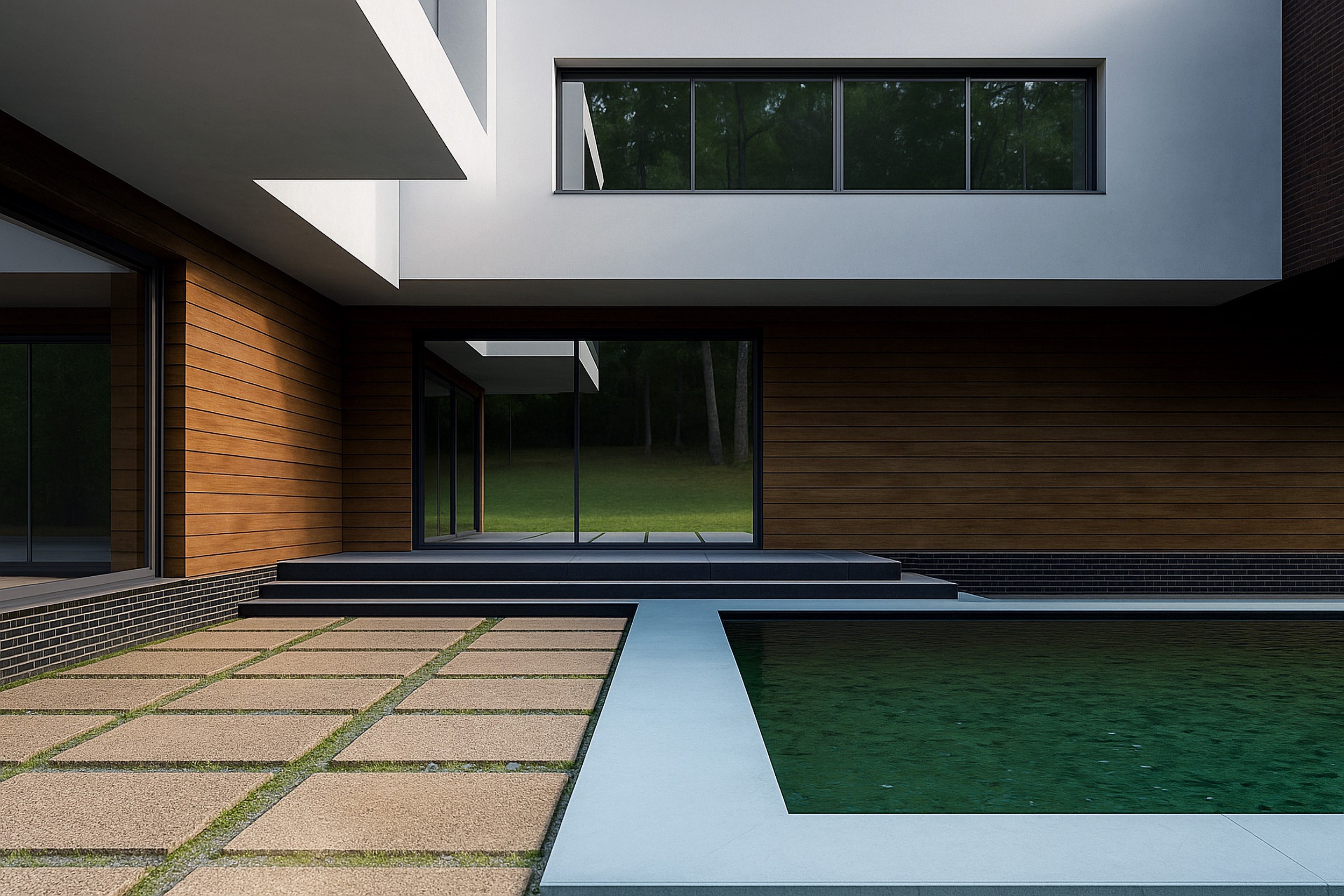 Modern house with a pool, wooden walls, and glass doors leading to a garden with trees.