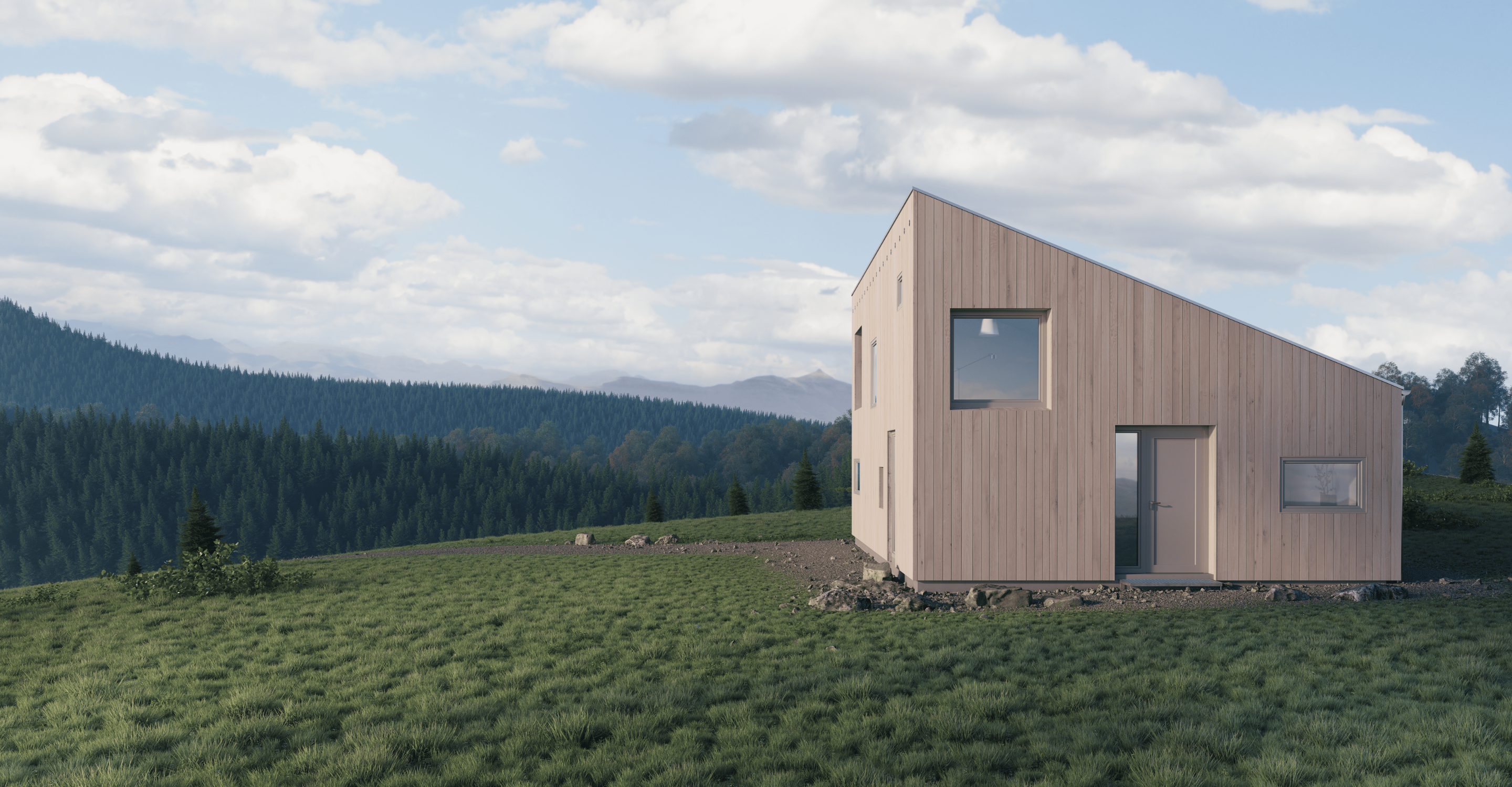Una casa moderna de madera con un techo inclinado y tres ventanas, situada en una colina cubierta de hierba con un bosque y montañas al fondo.