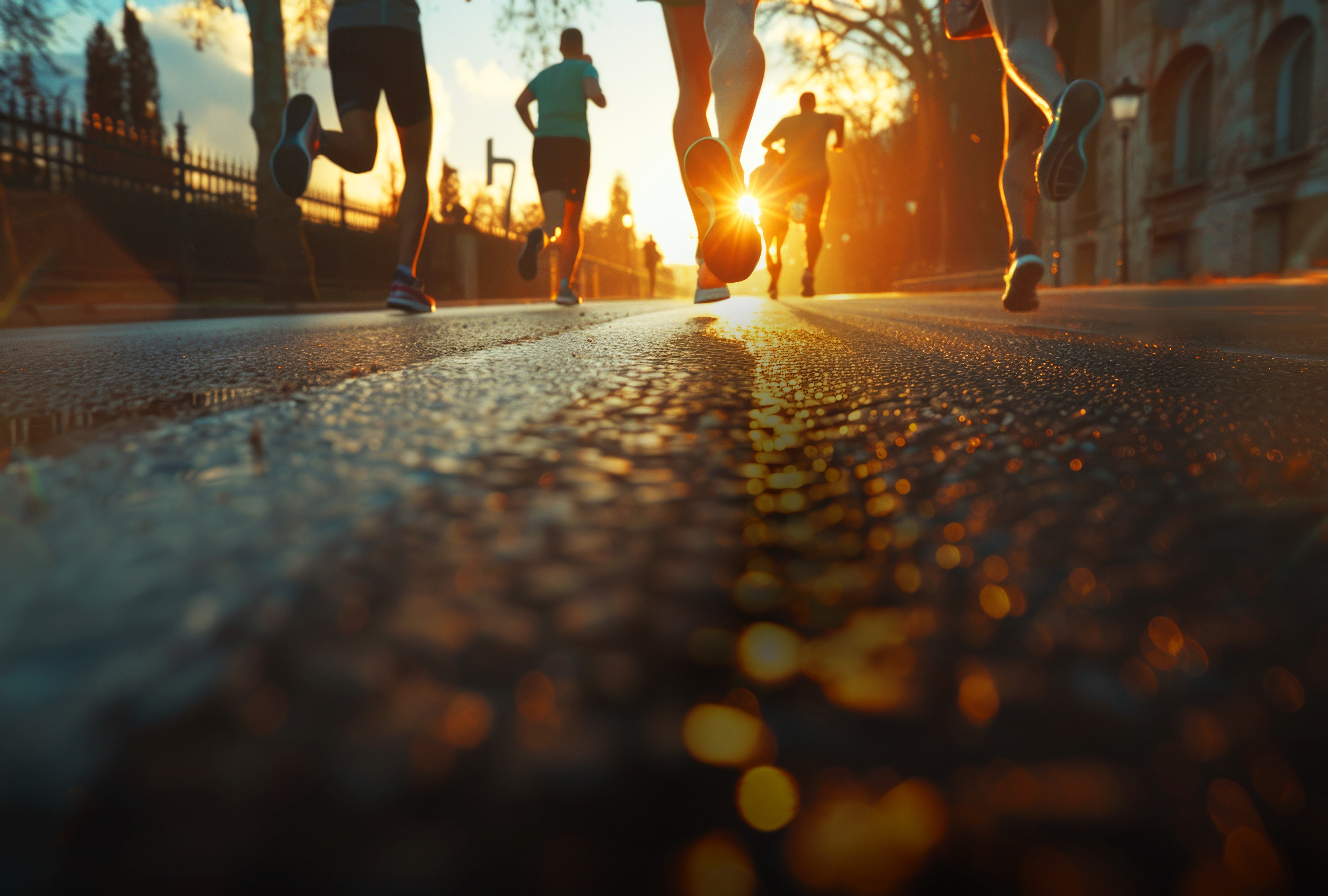 Eine Gruppe von Läufern läuft bei Sonnenuntergang auf einer Straße, wobei die Sonnenstrahlen auf sie scheinen.