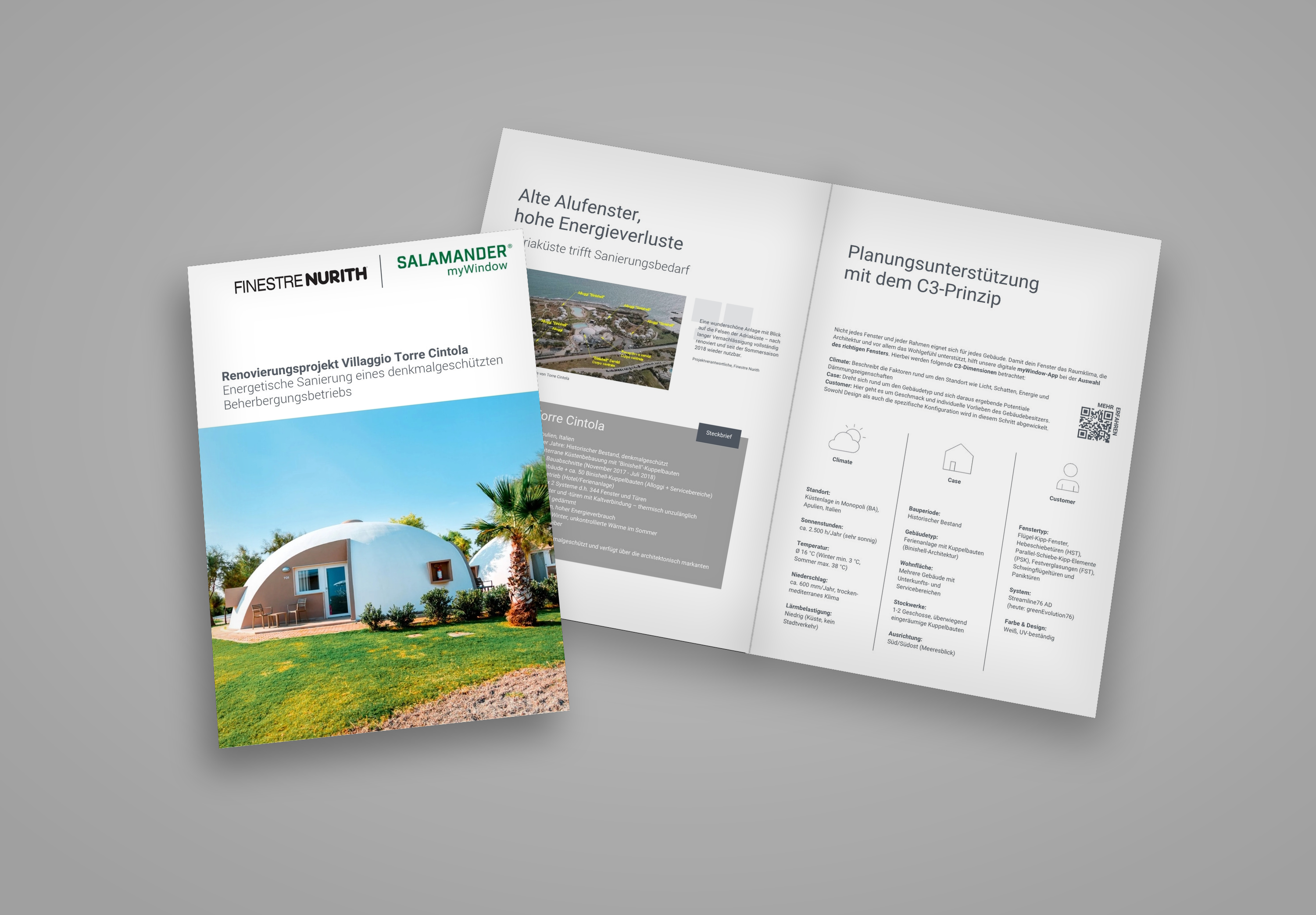 Brochure displaying a dome-shaped building with palm trees on the cover and detailed interior pages with text and diagrams.