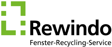 O logotipo da Rewindow, apresentando um quadrado verde com uma cruz branca, e o texto "Rewindow Fenster-Recycling-Service" em preto.