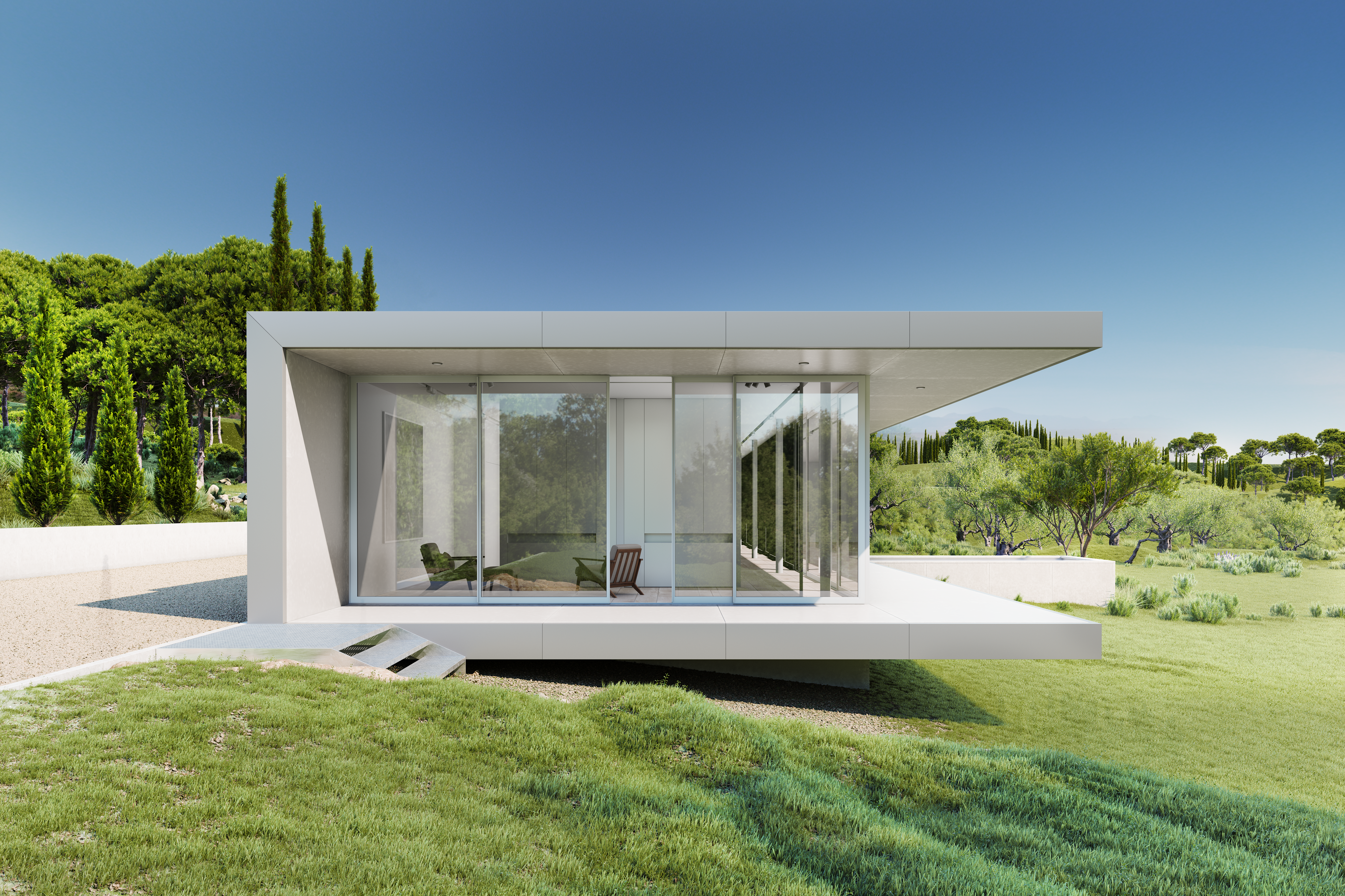 Exterior of a modern house with glass walls and a flat roof, surrounded by a lush green lawn and trees under a clear blue sky.