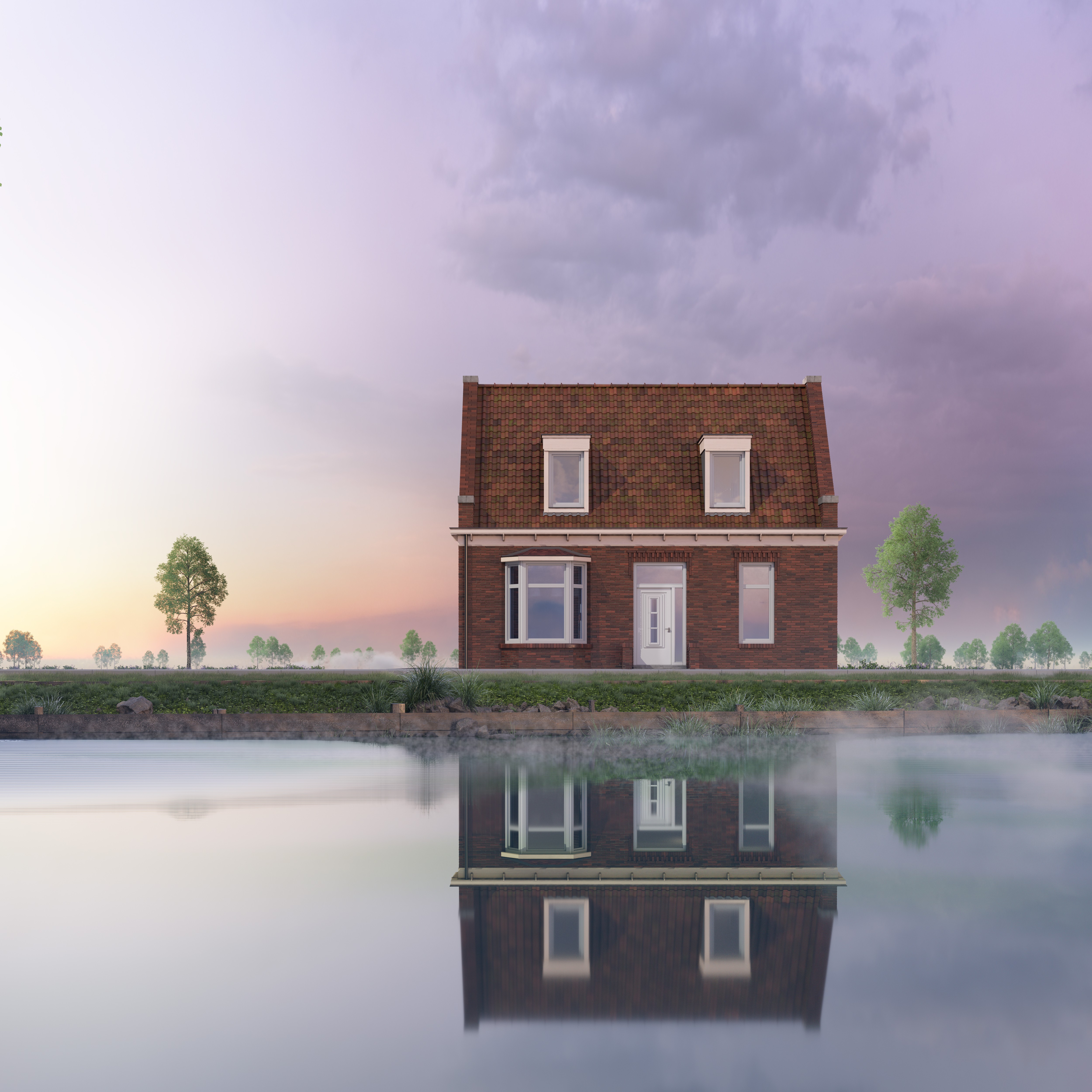 Een bakstenen huis met een bruin dak en witte ramen en deur, gereflecteerd in een wateroppervlak.