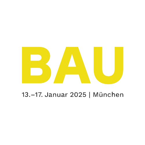 "BAU" logo with yellow text on a white background, indicating an event in München from January 13th to 17th, 2025.