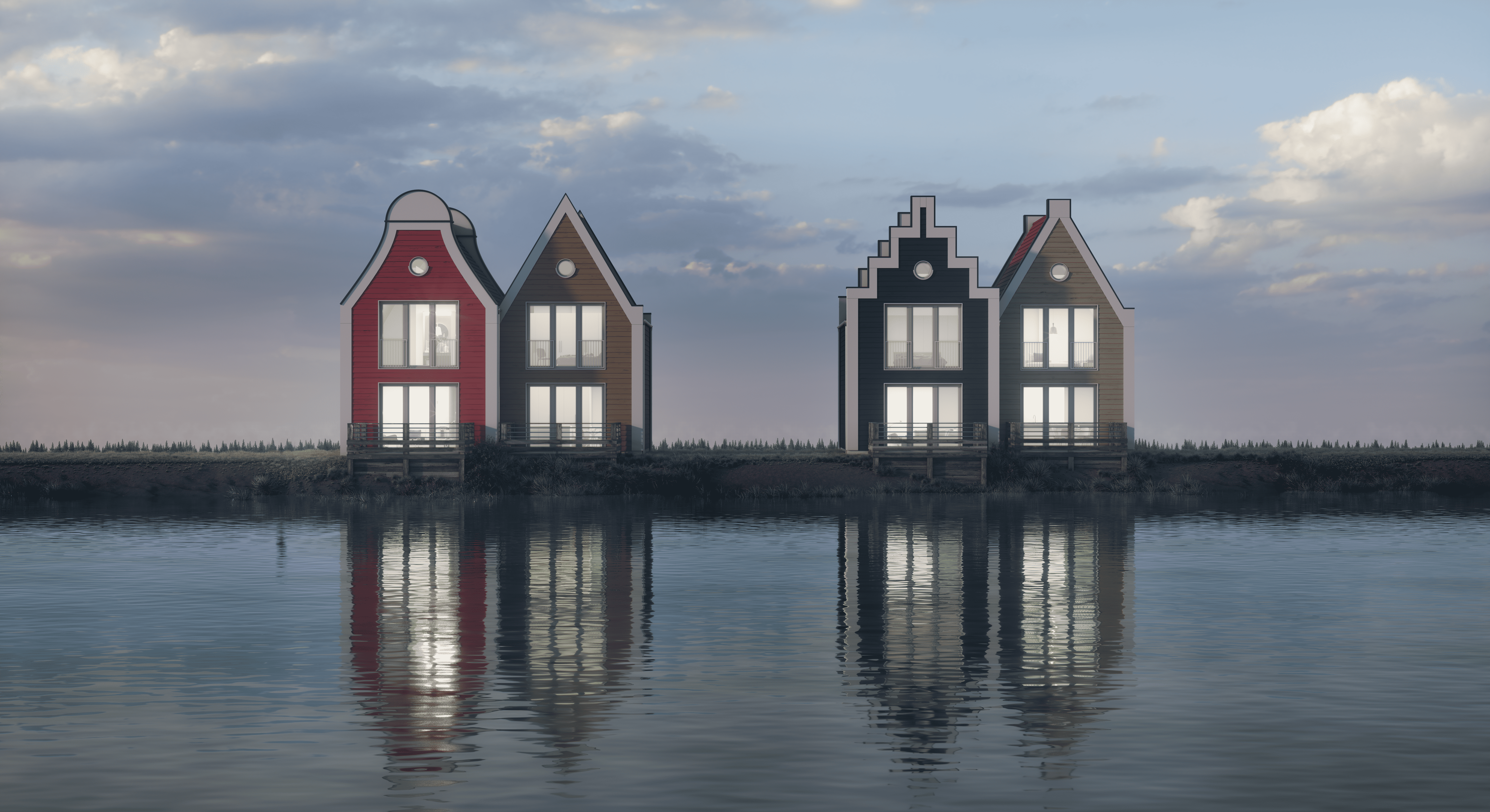 Four modern houses with glass windows and balconies, situated on a waterfront with reflections in the water and a cloudy sky in the background.