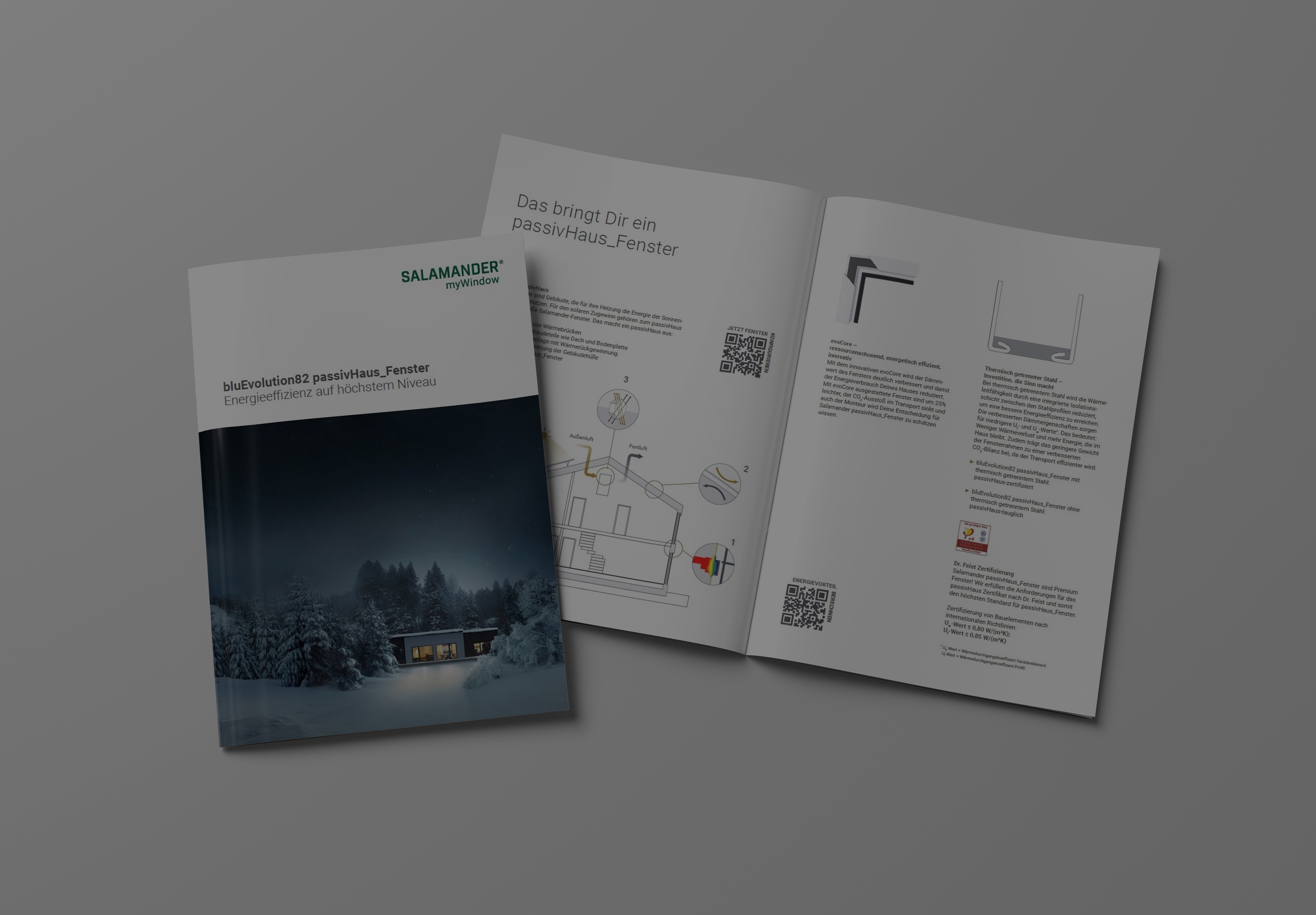 Eine Broschüre für Salamanders bluEvolution82 Passivhausfenster, mit einem verschneiten Haus und QR-Codes.